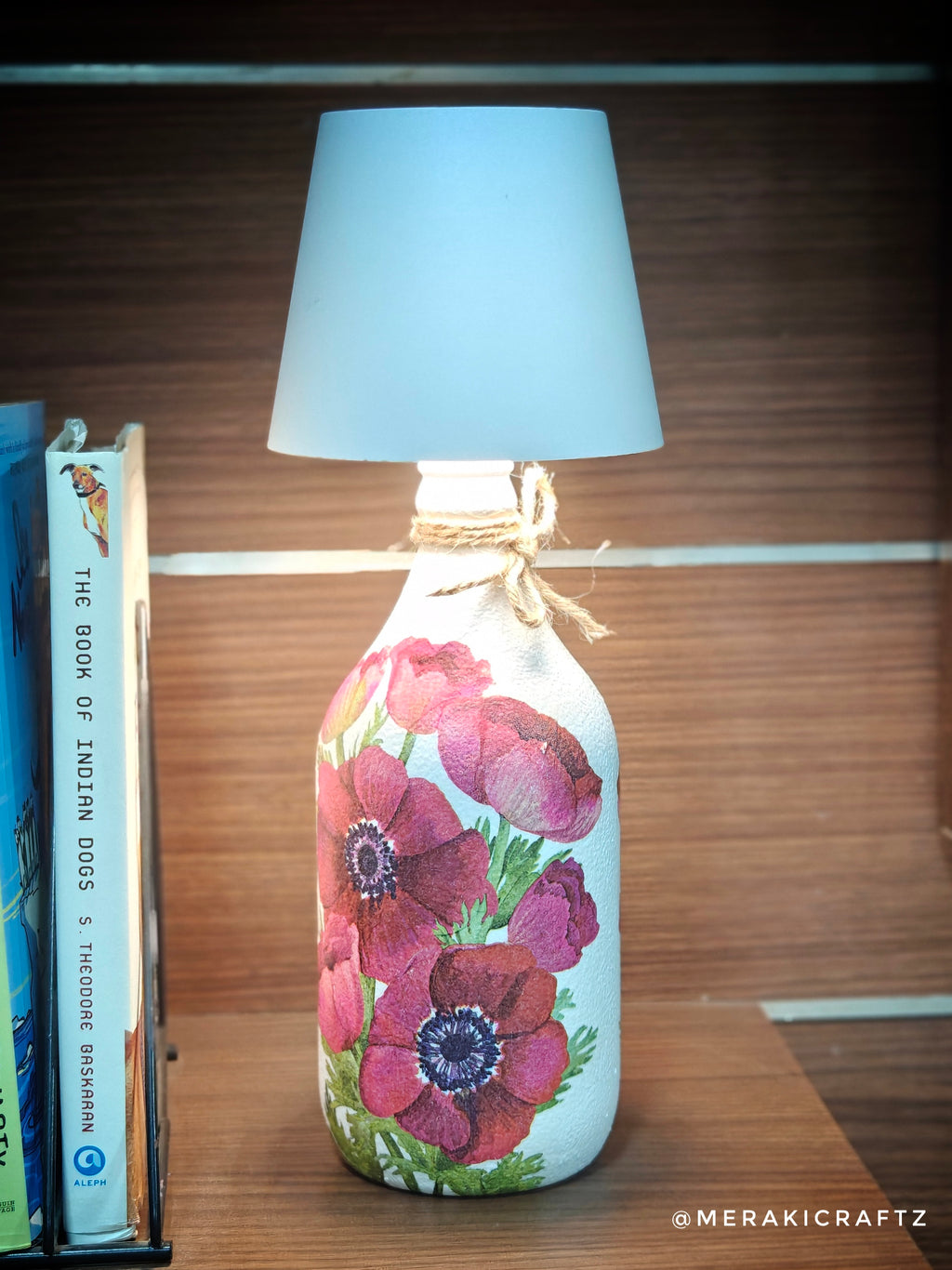 Handcrafted Upcycled Decoupaged Glass Bottle / Table Lamp – Crimson Anemone Bloom