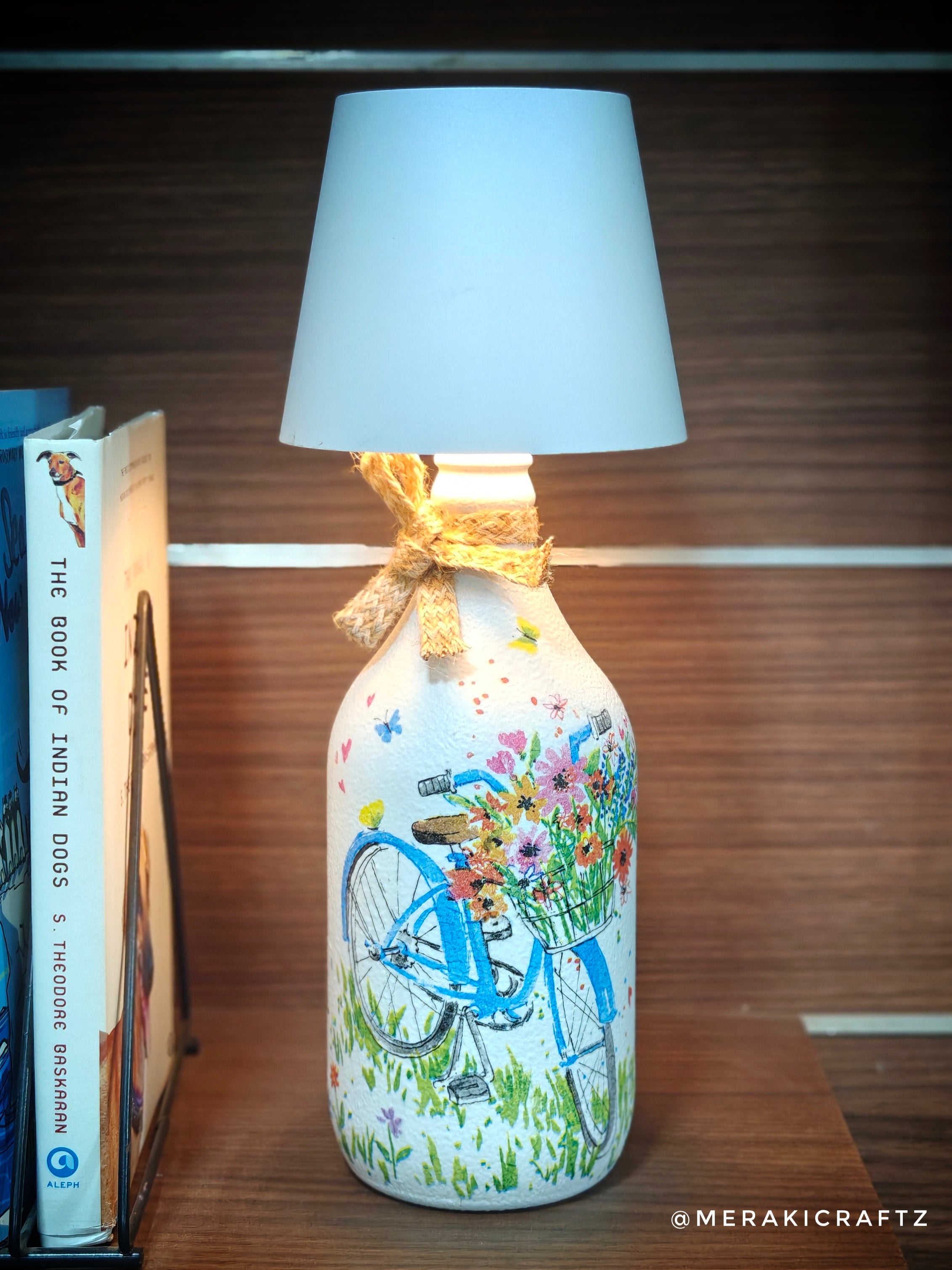 Handcrafted Upcycled Decoupaged Glass Bottle / Table Lamp – Blossom Bicycle Ride
