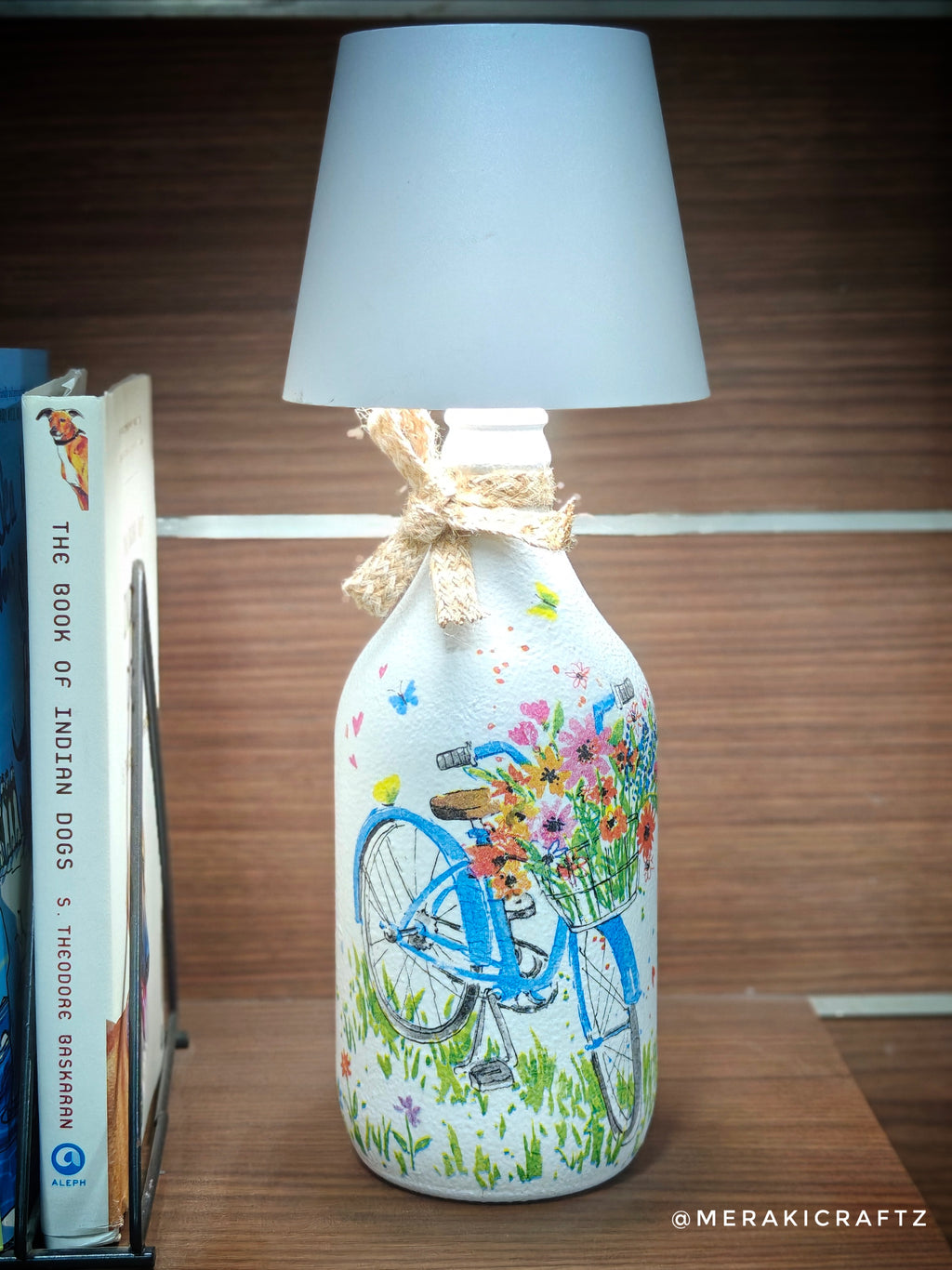 Handcrafted Upcycled Decoupaged Glass Bottle / Table Lamp – Blossom Bicycle Ride