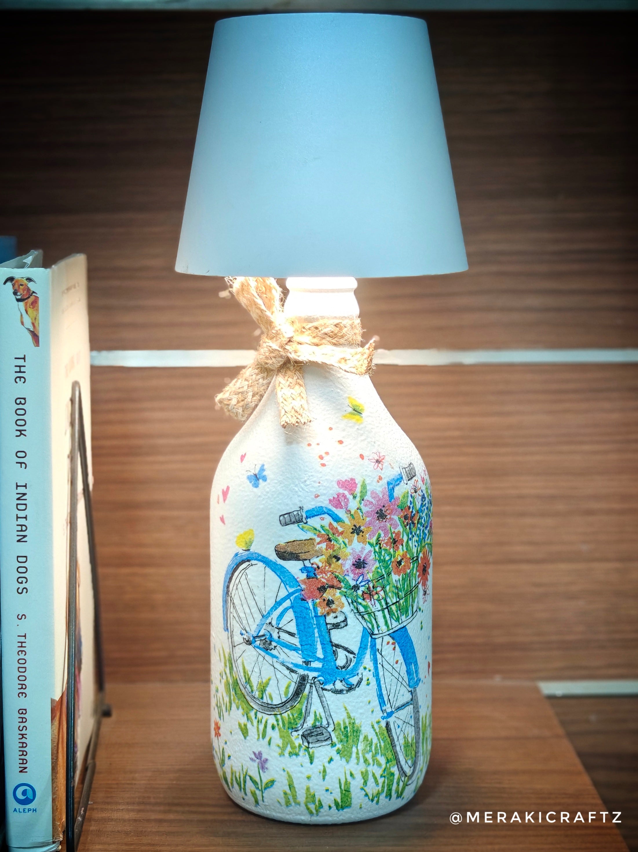 Handcrafted Upcycled Decoupaged Glass Bottle / Table Lamp – Blossom Bicycle Ride