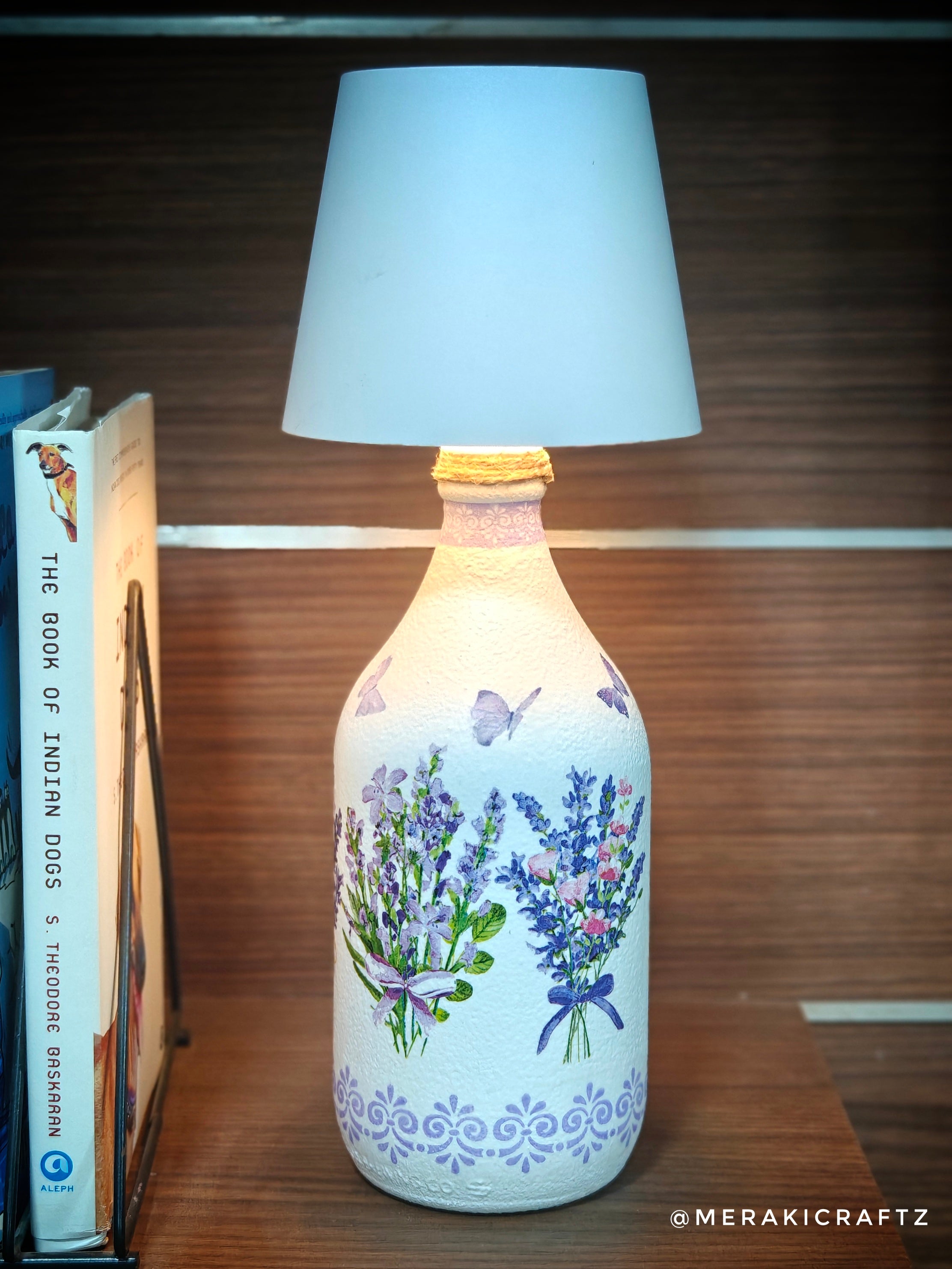 Handcrafted Upcycled Decoupaged Glass Bottle / Table Lamp – Lavender Meadow Bliss