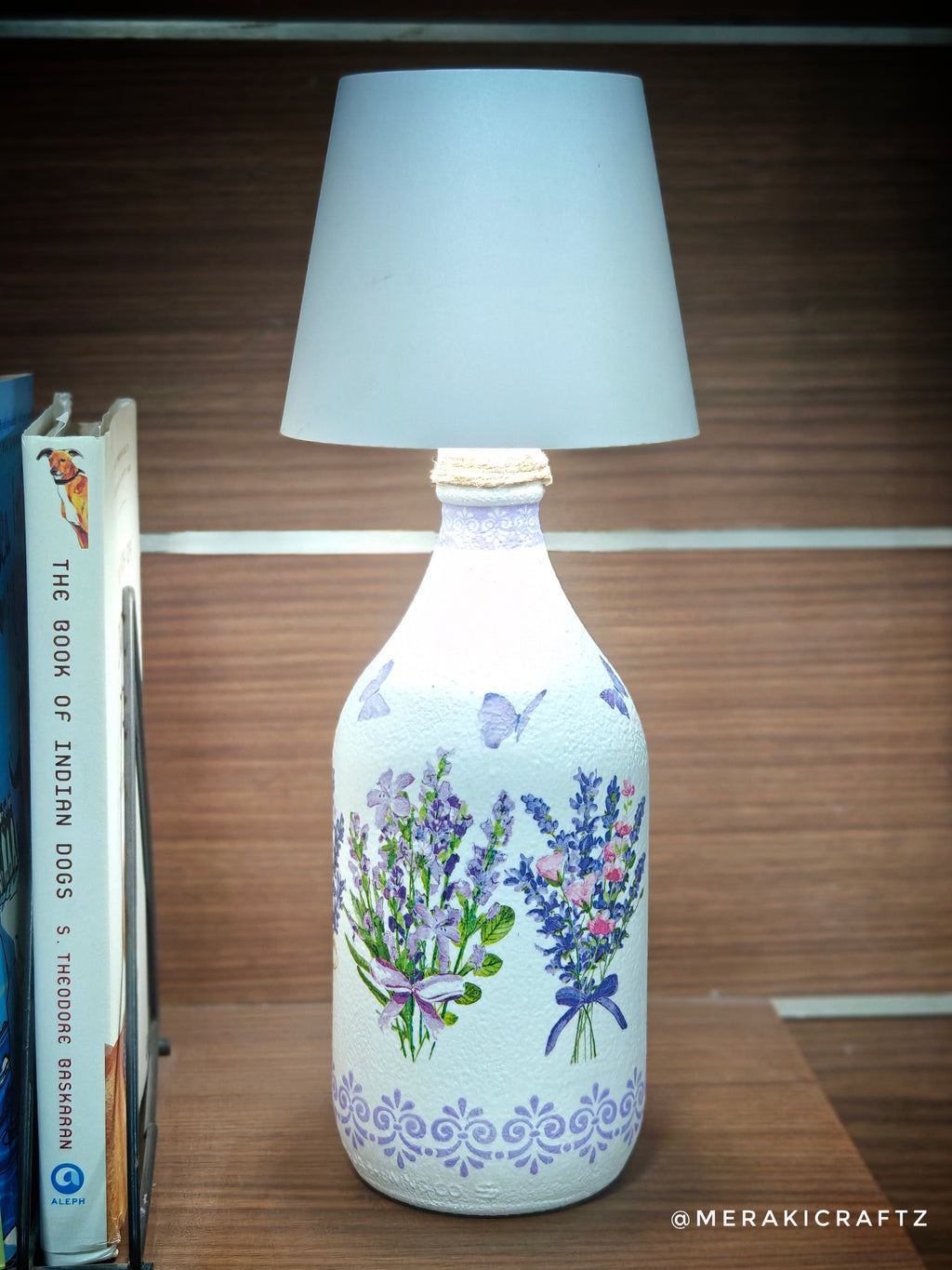 Handcrafted Upcycled Decoupaged Glass Bottle / Table Lamp – Lavender Meadow Bliss