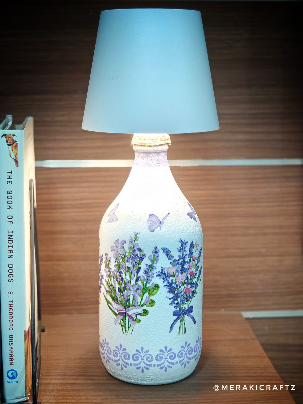 Handcrafted Upcycled Decoupaged Glass Bottle / Table Lamp – Lavender Meadow Bliss