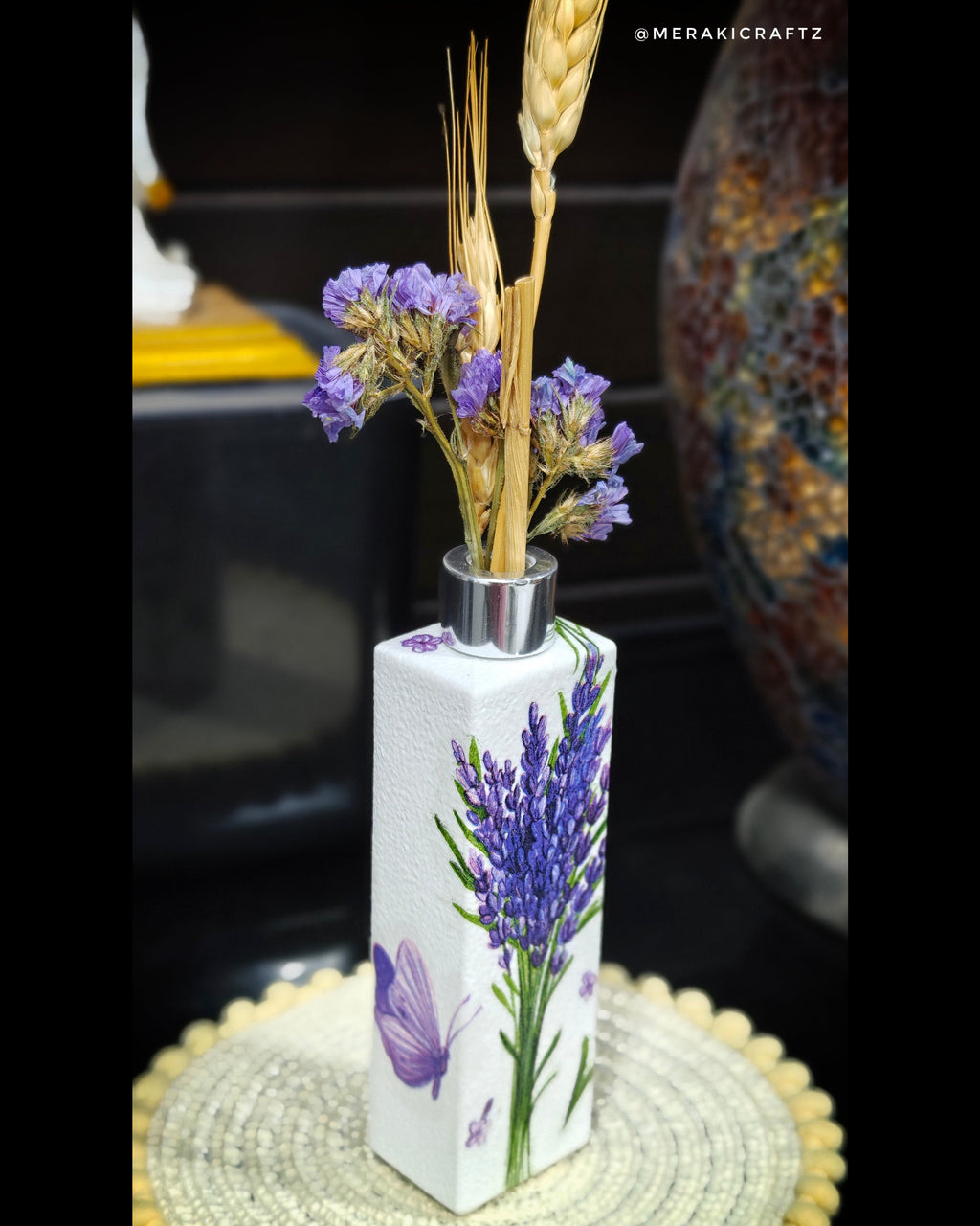 Handcrafted Upcycled Decoupaged Perfume Bottle Vase – Lavender Fields