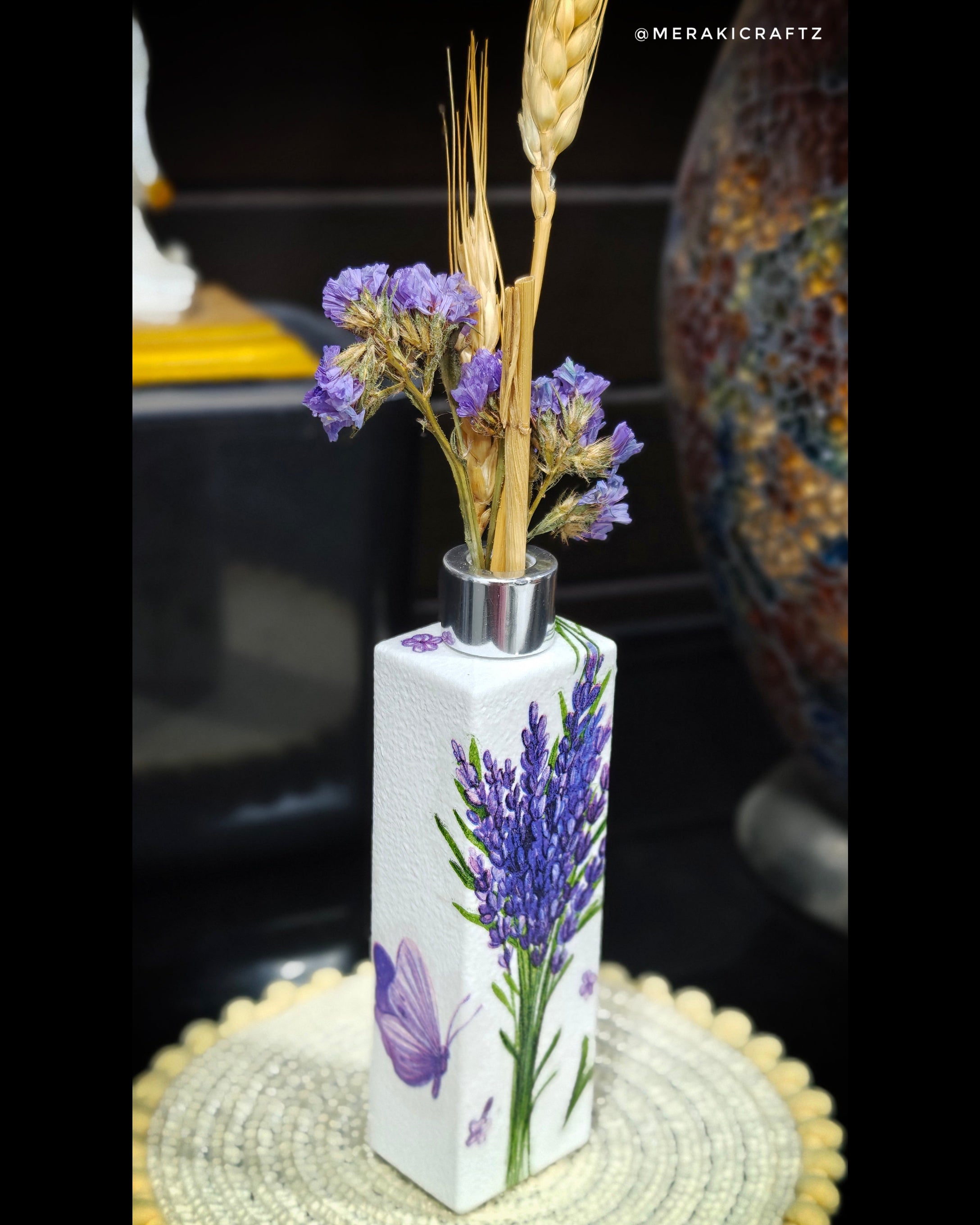 Handcrafted Upcycled Decoupaged Perfume Bottle Vase – Lavender Fields