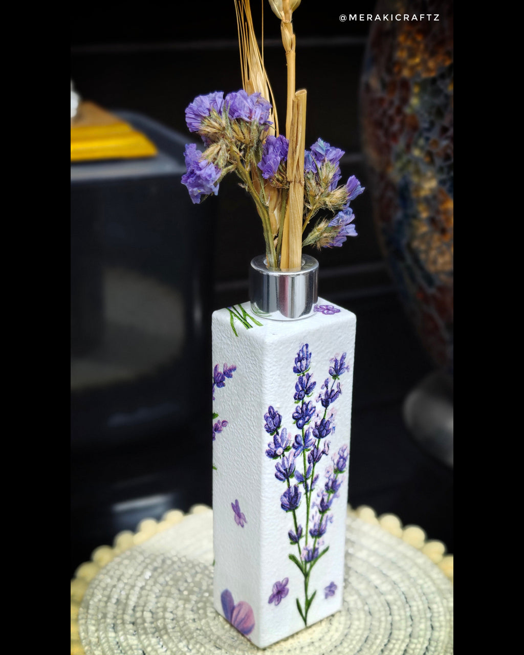 Handcrafted Upcycled Decoupaged Perfume Bottle Vase – Lavender Fields