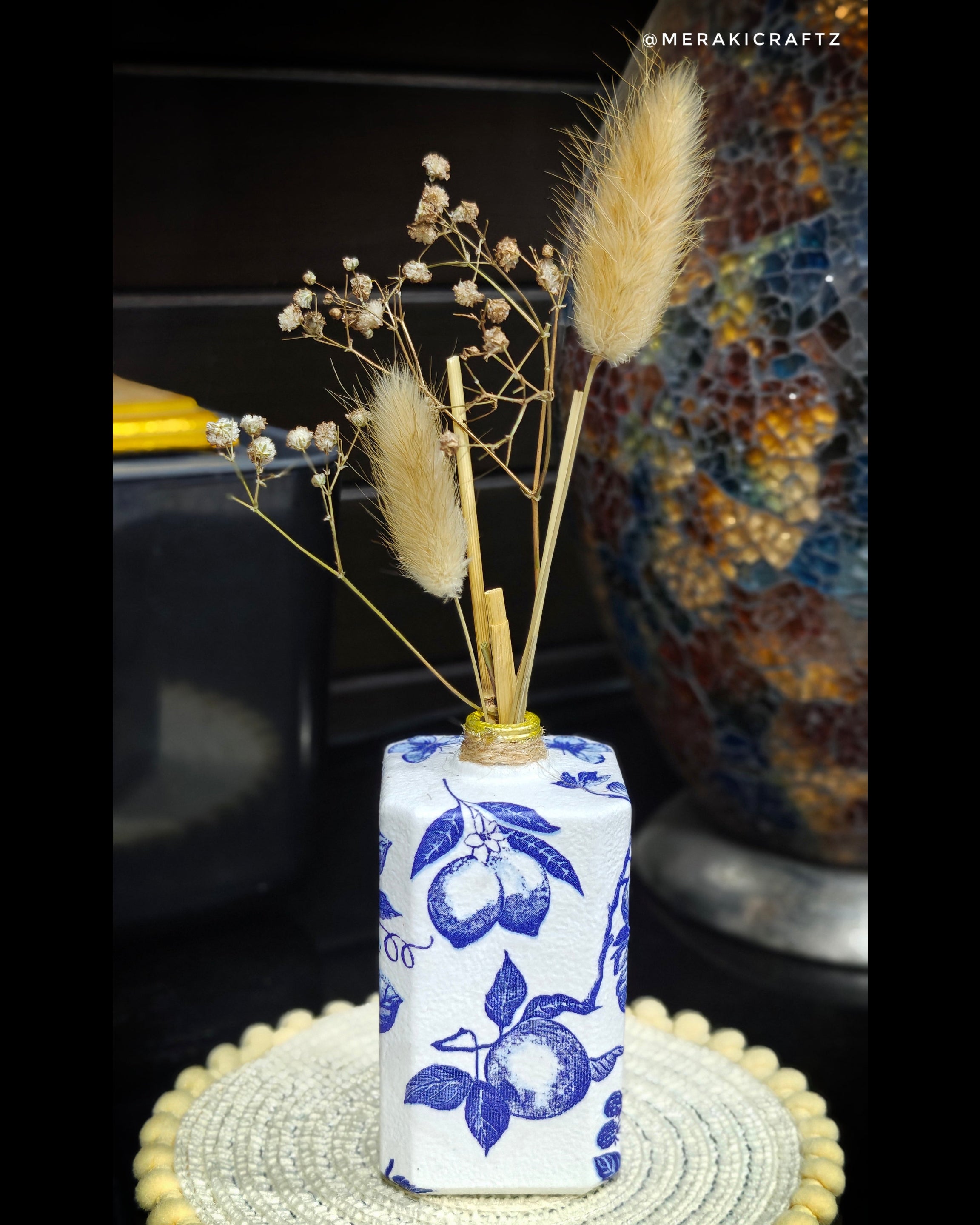Handcrafted Upcycled Decoupaged Perfume Bottle Vase – Blue Orchard Bloom