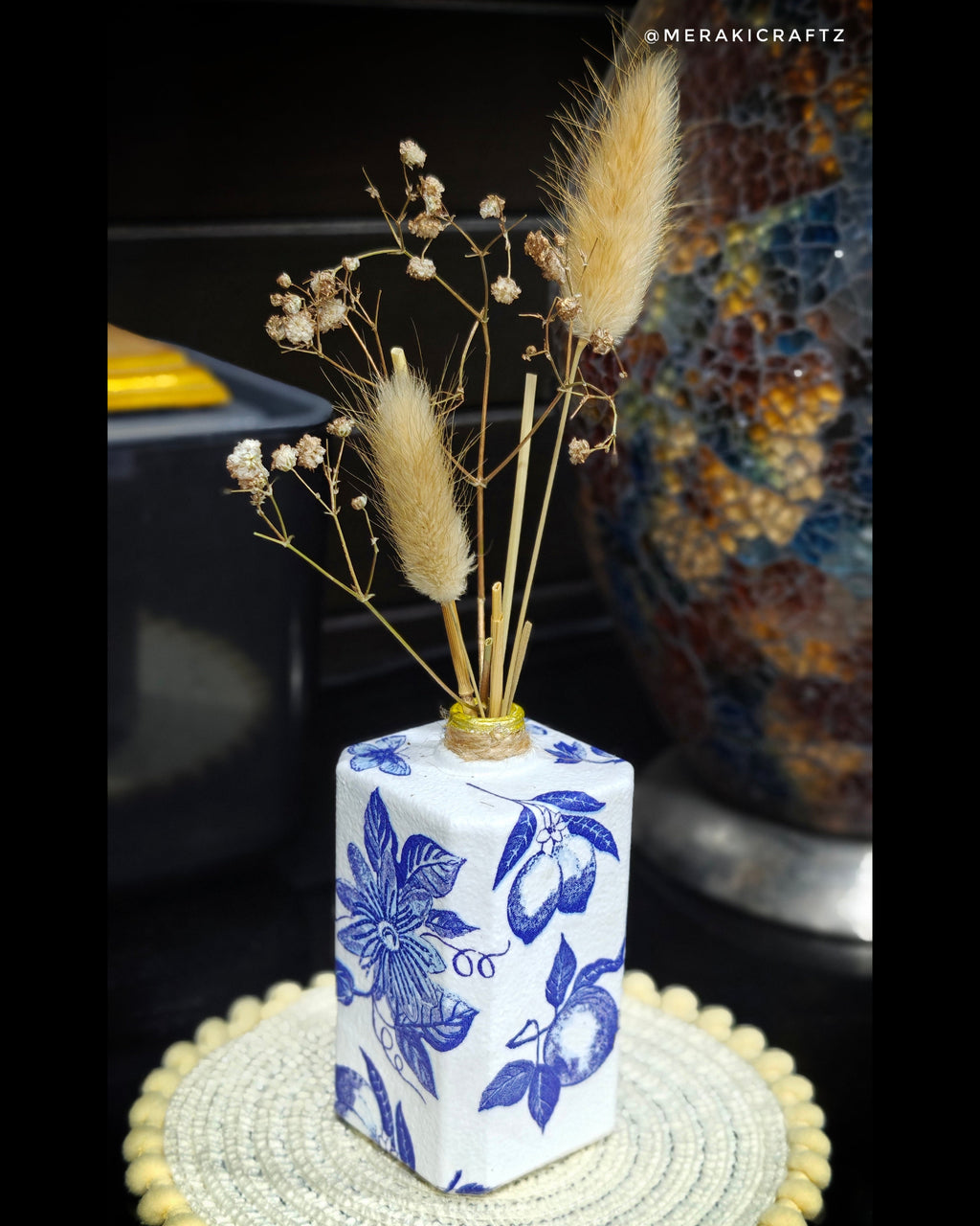 Handcrafted Upcycled Decoupaged Perfume Bottle Vase – Blue Orchard Bloom