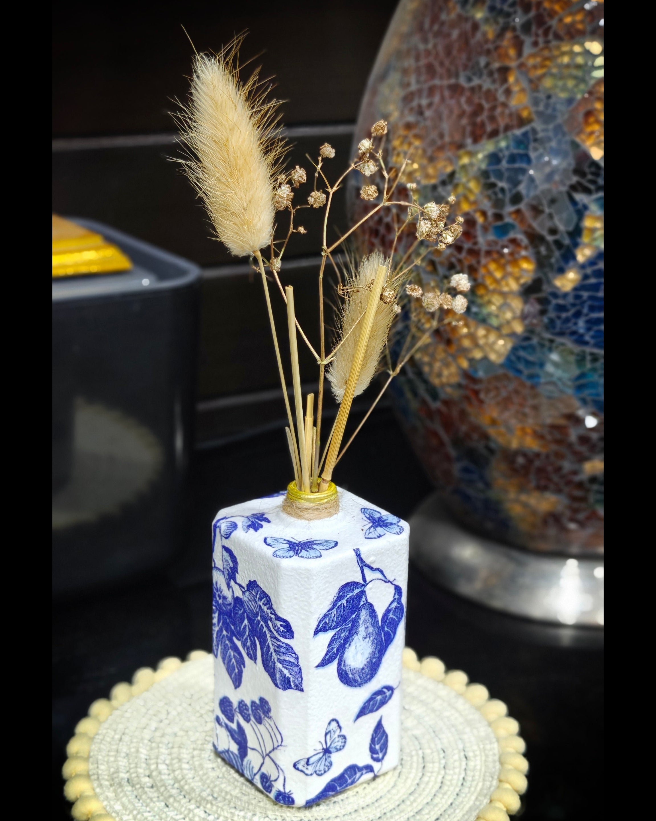Handcrafted Upcycled Decoupaged Perfume Bottle Vase – Blue Orchard Bloom