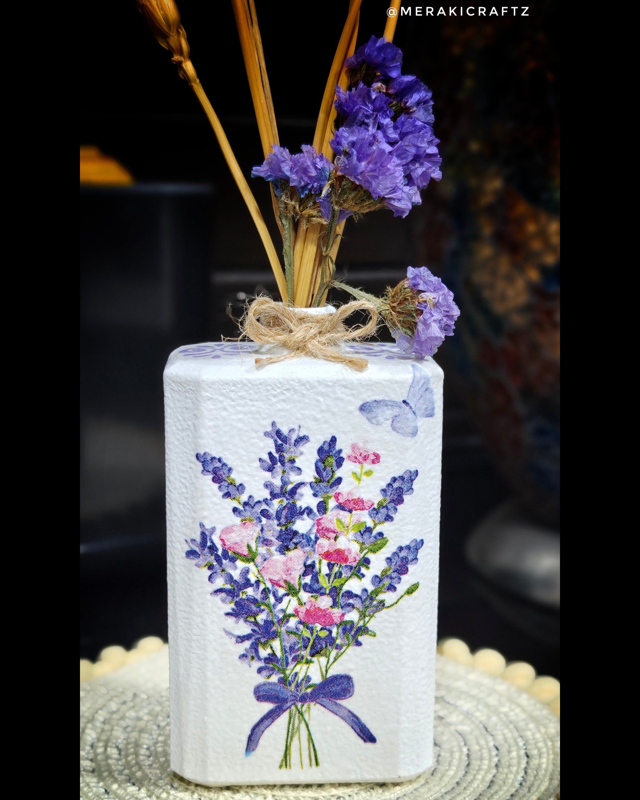 Handcrafted Upcycled Decoupaged Perfume Bottle Vase – Lavender Meadow Bloom