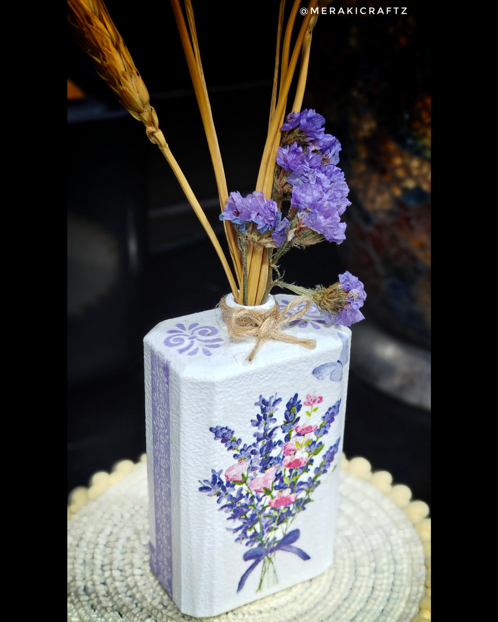 Handcrafted Upcycled Decoupaged Perfume Bottle Vase – Lavender Meadow Bloom