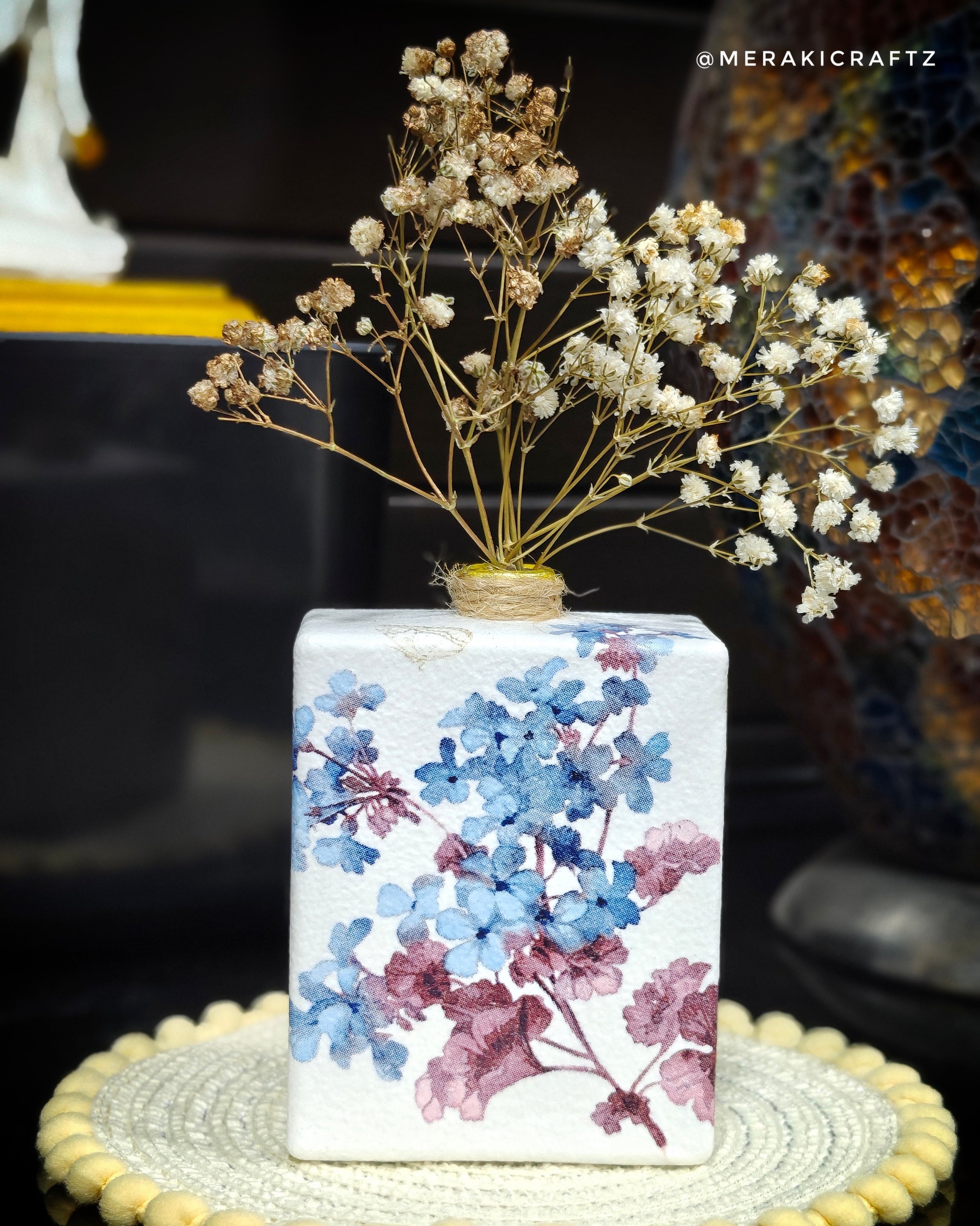 Handcrafted Upcycled Decoupaged Perfume Bottle Vase – Blue Blossom