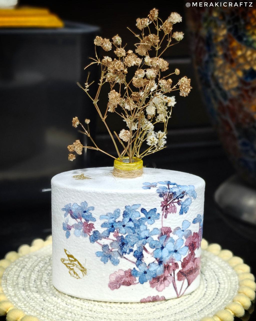 Handcrafted Upcycled Decoupaged Perfume Bottle Vase – Blue Blossom
