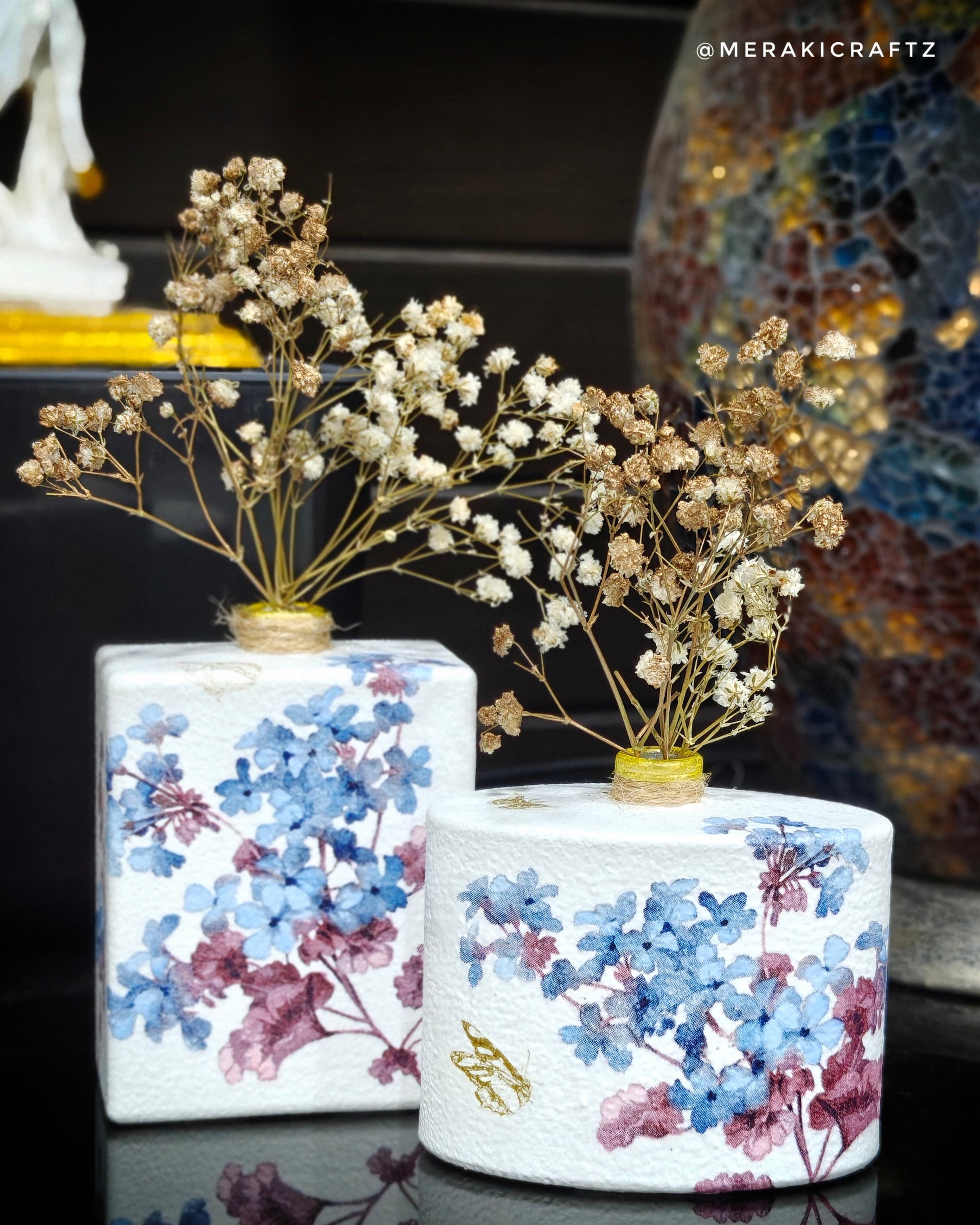 Handcrafted Upcycled Decoupaged Perfume Bottle Vase – Blue Blossom
