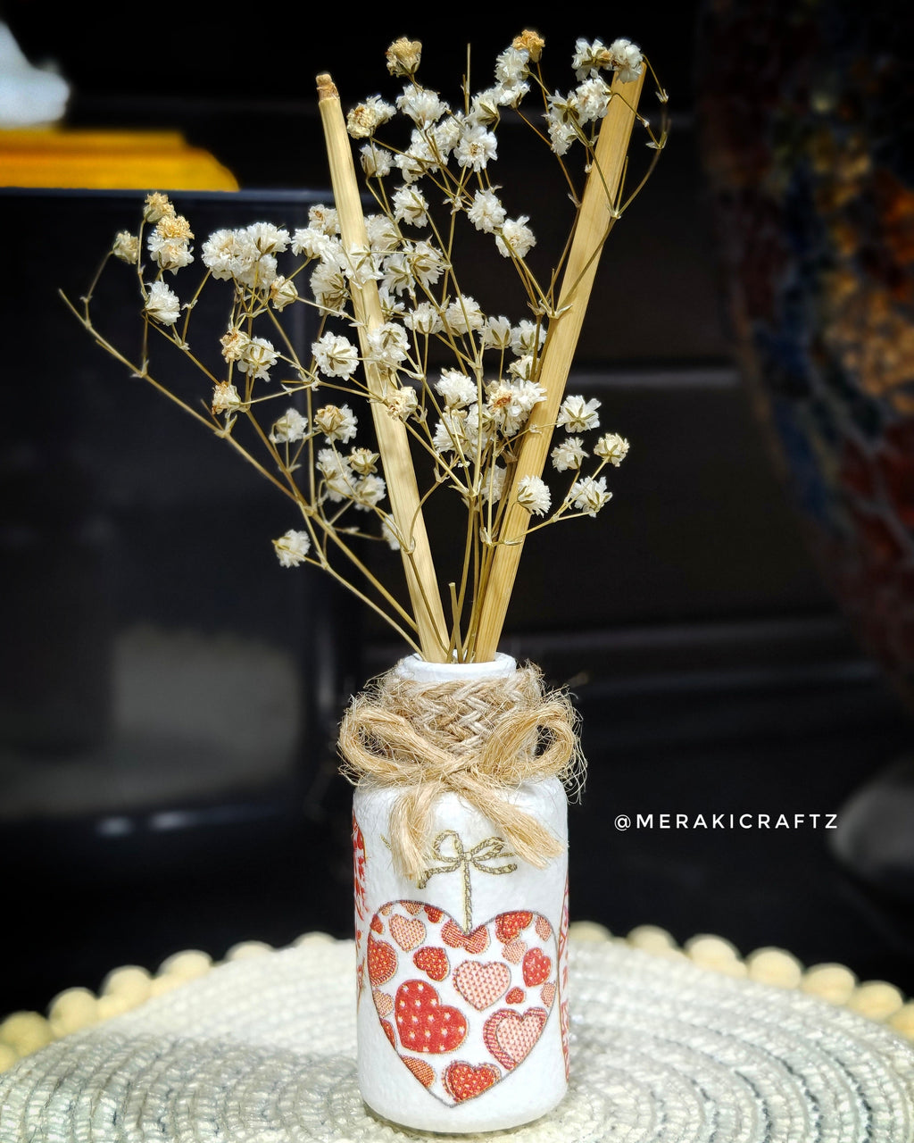 Handcrafted Upcycled Decoupaged Mini Bottle Vase – Rustic Heart Keepsake
