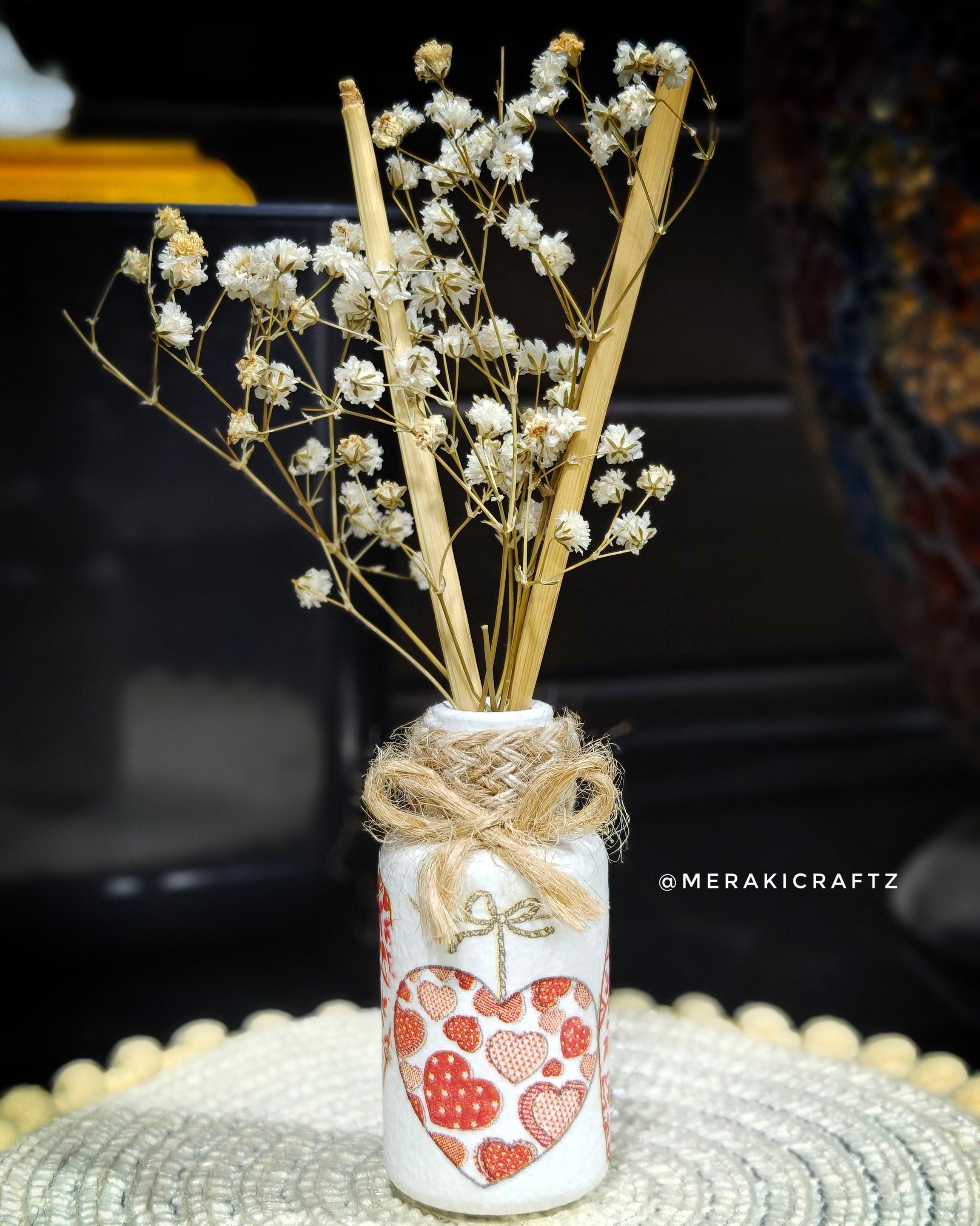 Handcrafted Upcycled Decoupaged Mini Bottle Vase – Rustic Heart Keepsake