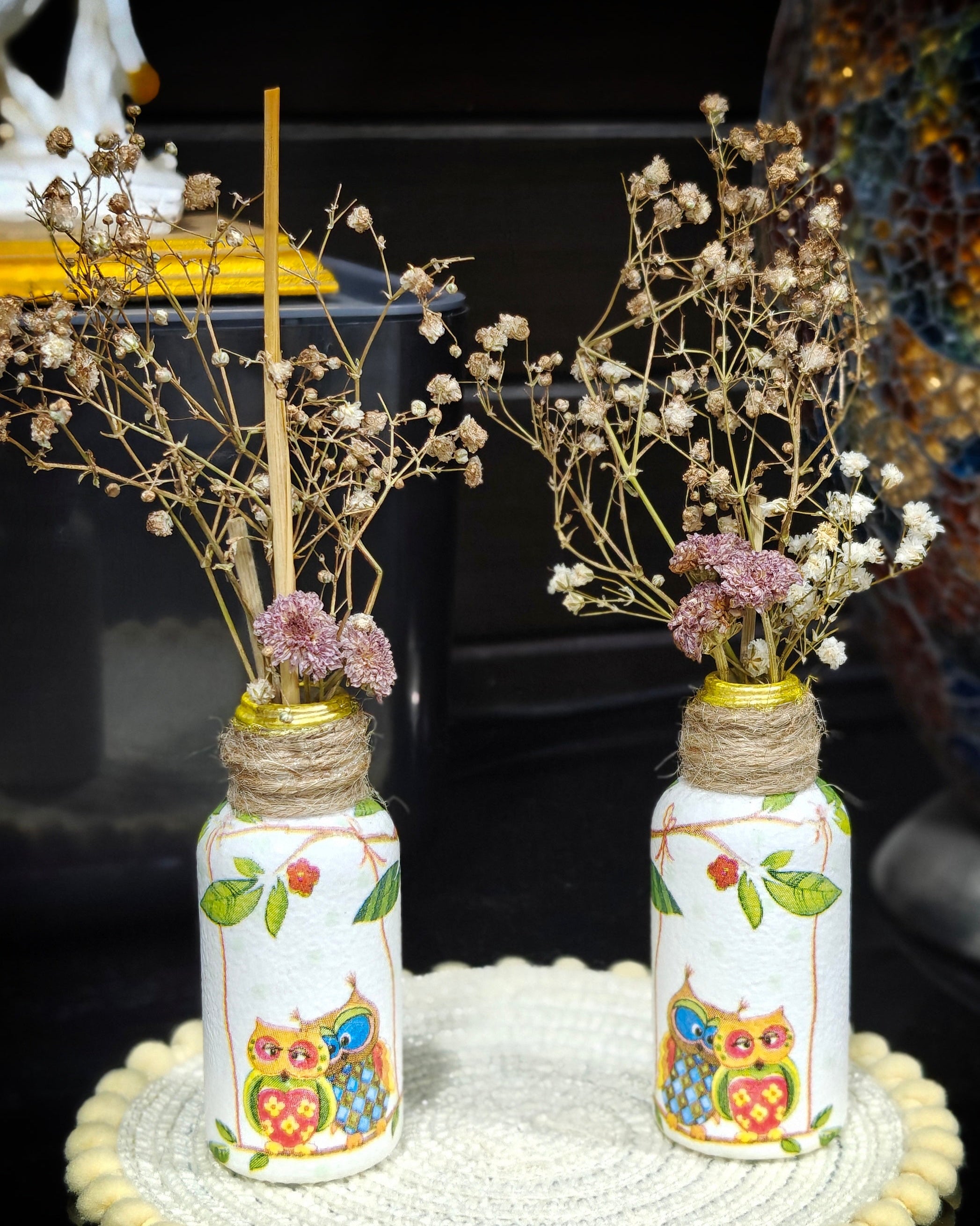 Handcrafted Upcycled Decoupaged Mini Bottle Vase – Whimsical Owl Garden
