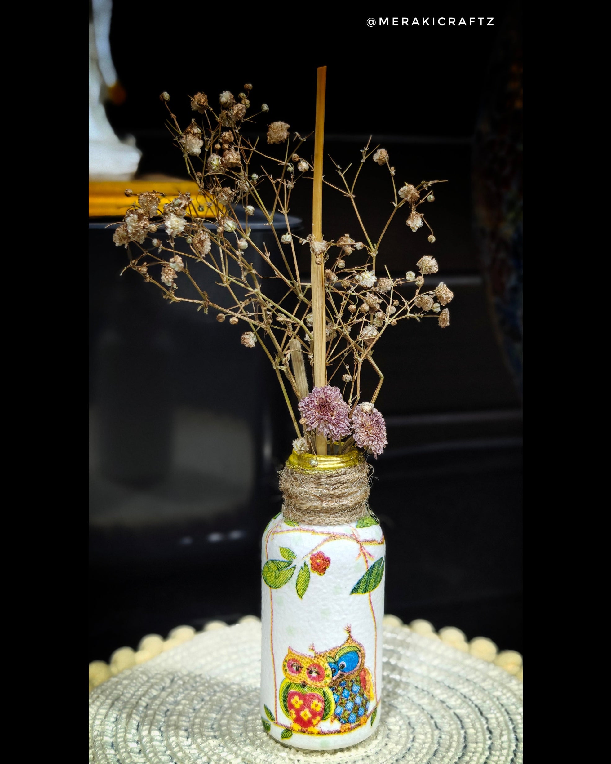 Handcrafted Upcycled Decoupaged Mini Bottle Vase – Whimsical Owl Garden