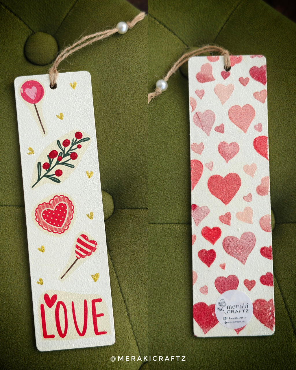 Handcrafted Double-Sided Decoupaged MDF Bookmark – Hearts