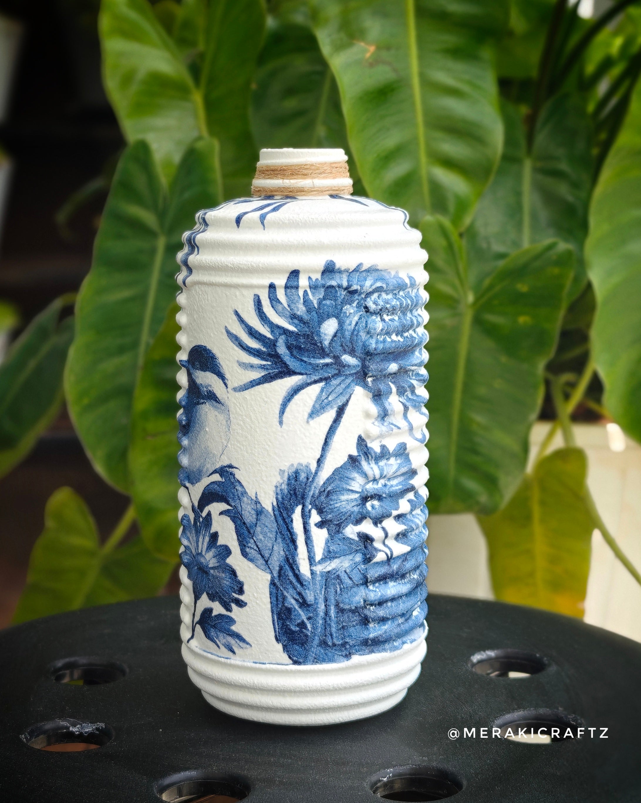 Handcrafted Upcycled Decoupaged Glass Bottle – Indigo Songbird Garden (Ribbed)