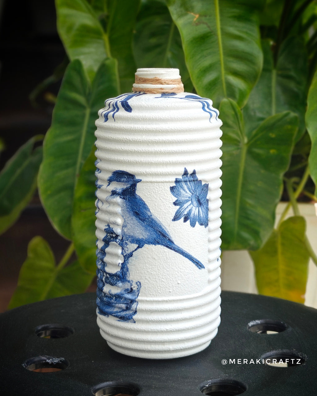 Handcrafted Upcycled Decoupaged Glass Bottle – Indigo Songbird Garden (Ribbed)