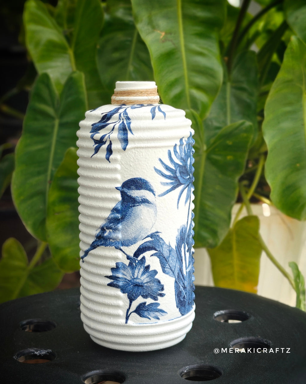 Handcrafted Upcycled Decoupaged Glass Bottle – Indigo Songbird Garden (Ribbed)