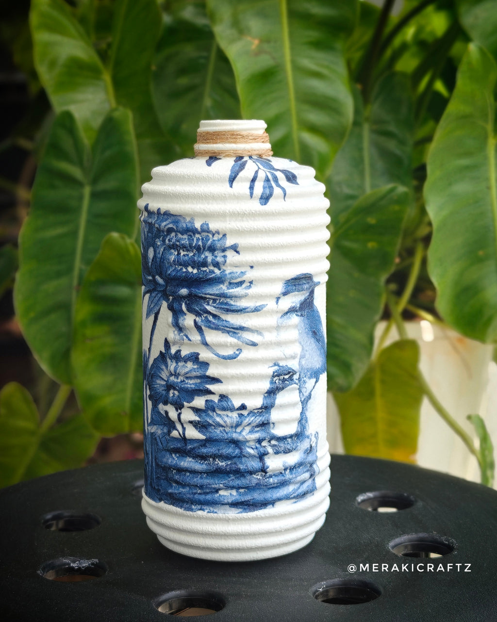 Handcrafted Upcycled Decoupaged Glass Bottle – Indigo Songbird Garden (Ribbed)