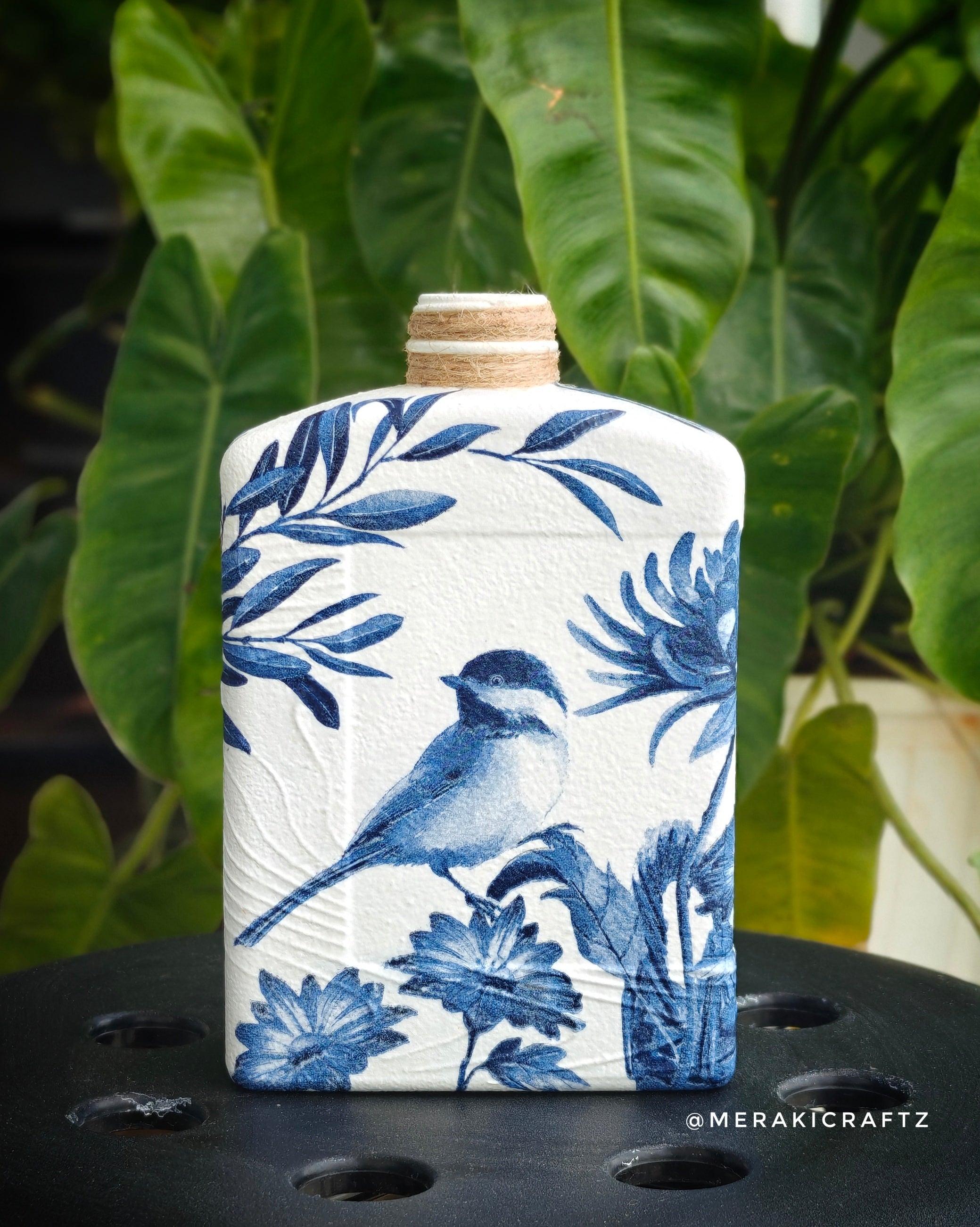 Handcrafted Upcycled Decoupaged Glass Bottle – Indigo Songbird Garden (Rectangular)