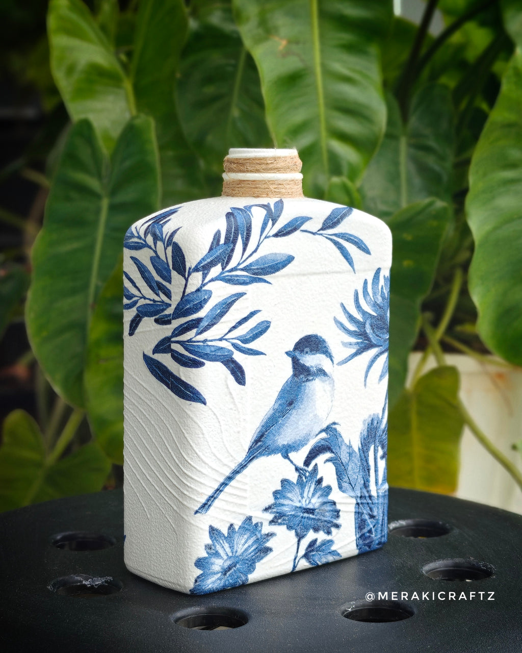 Handcrafted Upcycled Decoupaged Glass Bottle – Indigo Songbird Garden (Rectangular)