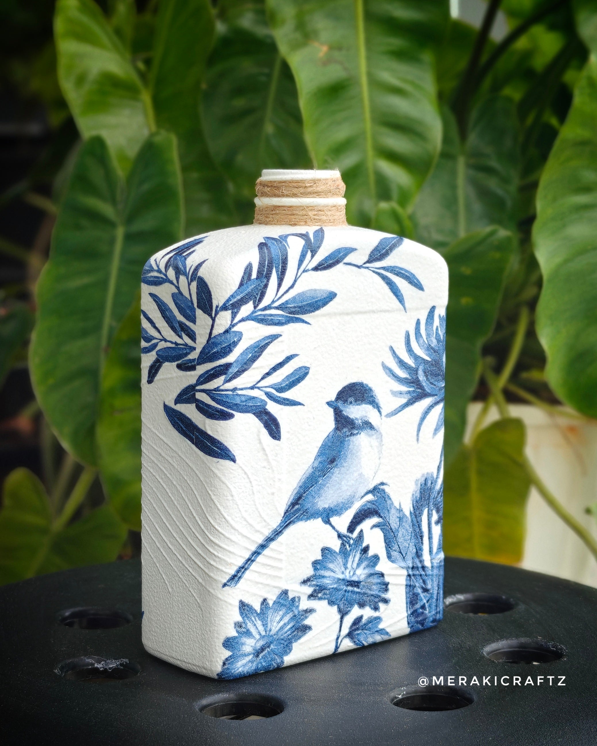 Handcrafted Upcycled Decoupaged Glass Bottle – Indigo Songbird Garden (Rectangular)
