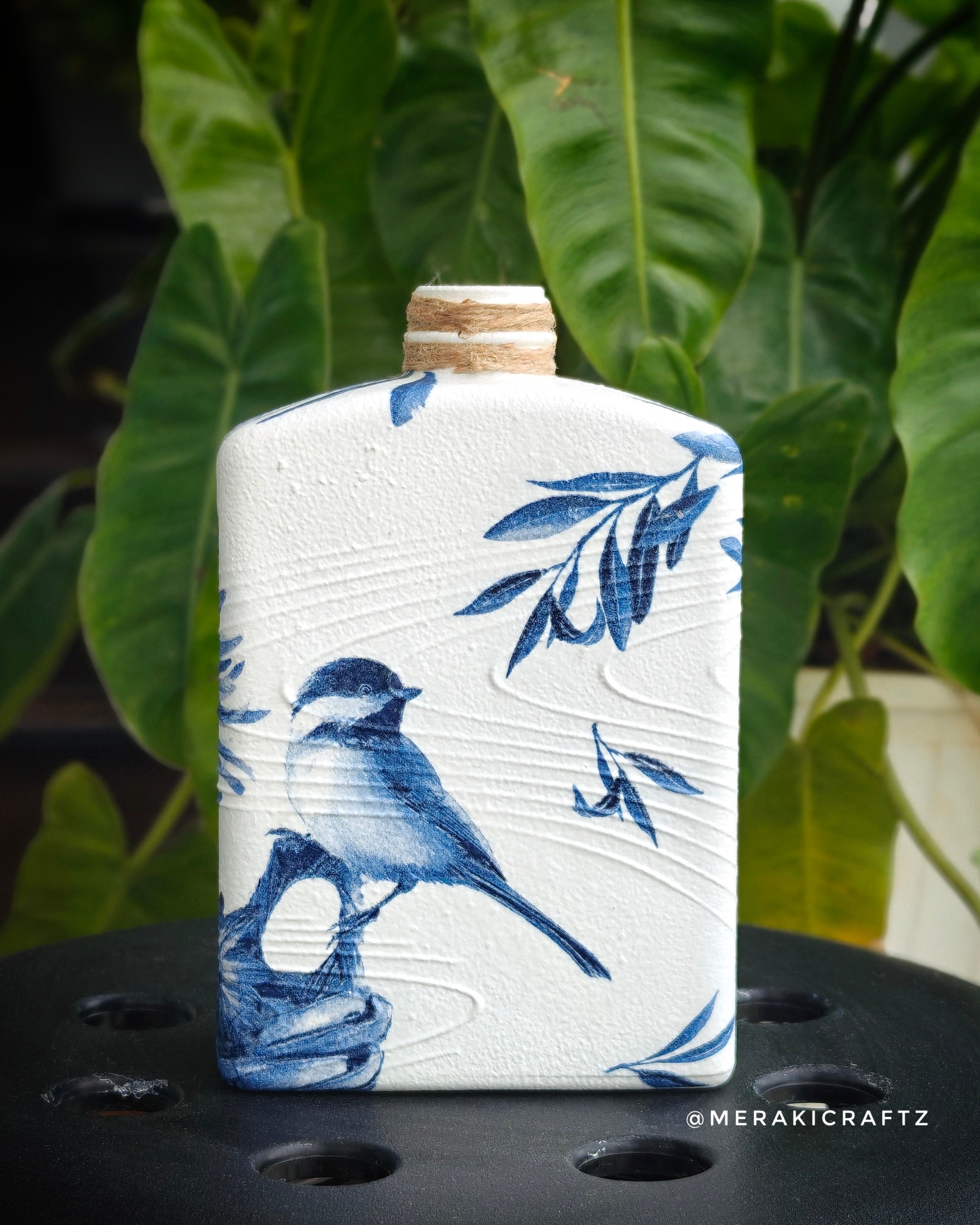Handcrafted Upcycled Decoupaged Glass Bottle – Indigo Songbird Garden (Rectangular)