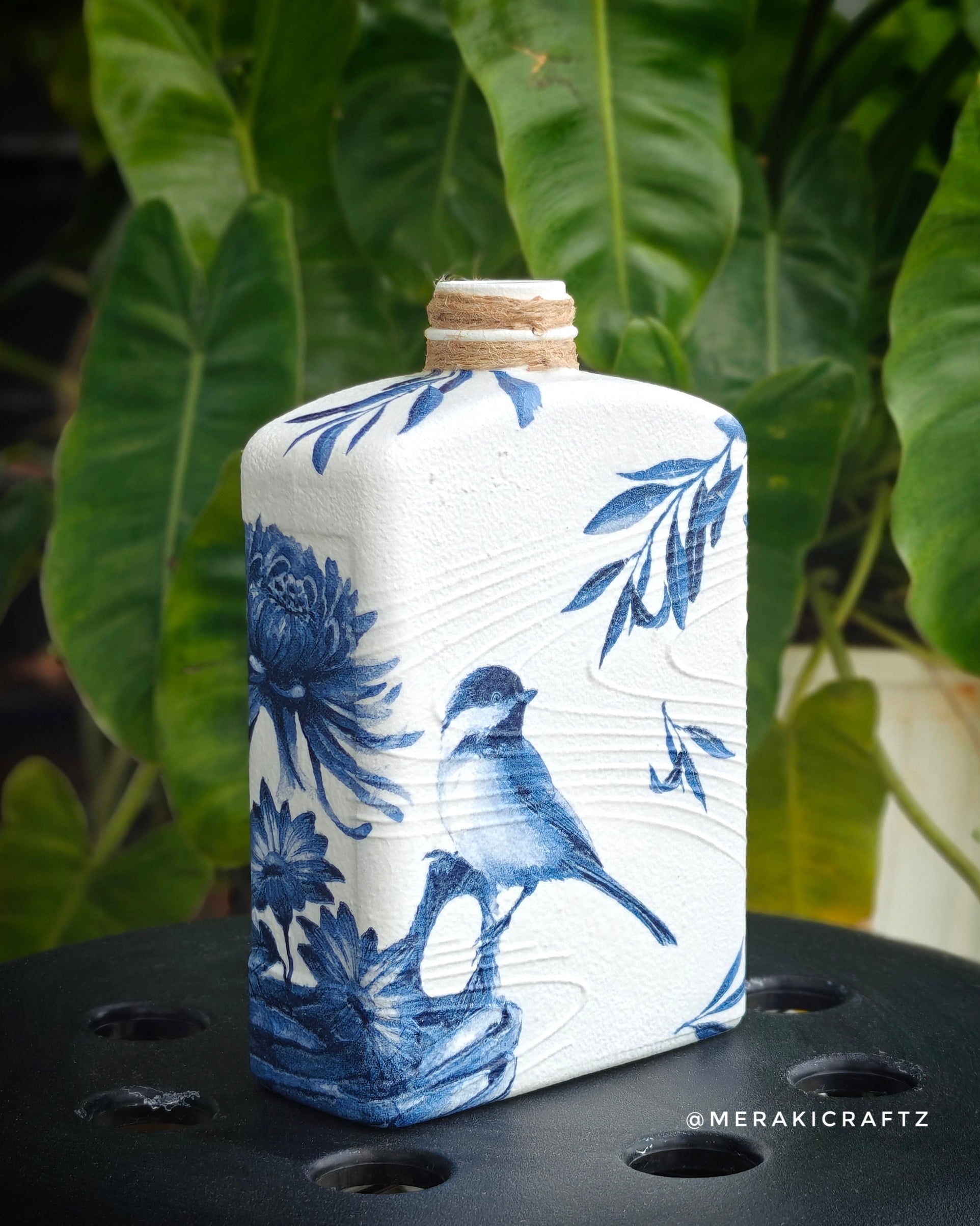 Handcrafted Upcycled Decoupaged Glass Bottle – Indigo Songbird Garden (Rectangular)