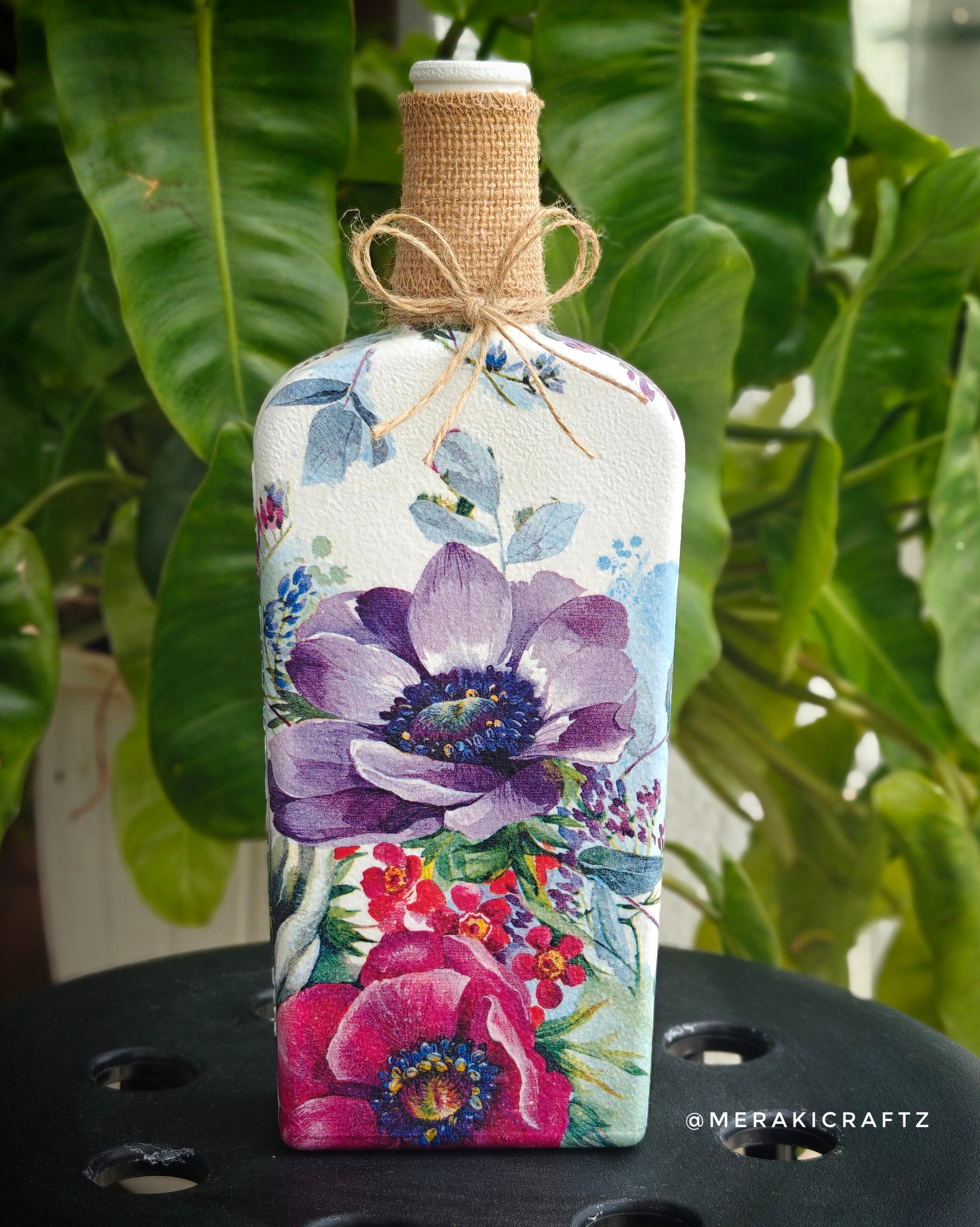 Handcrafted Upcycled Decoupaged Glass Bottle – Floral Symphony