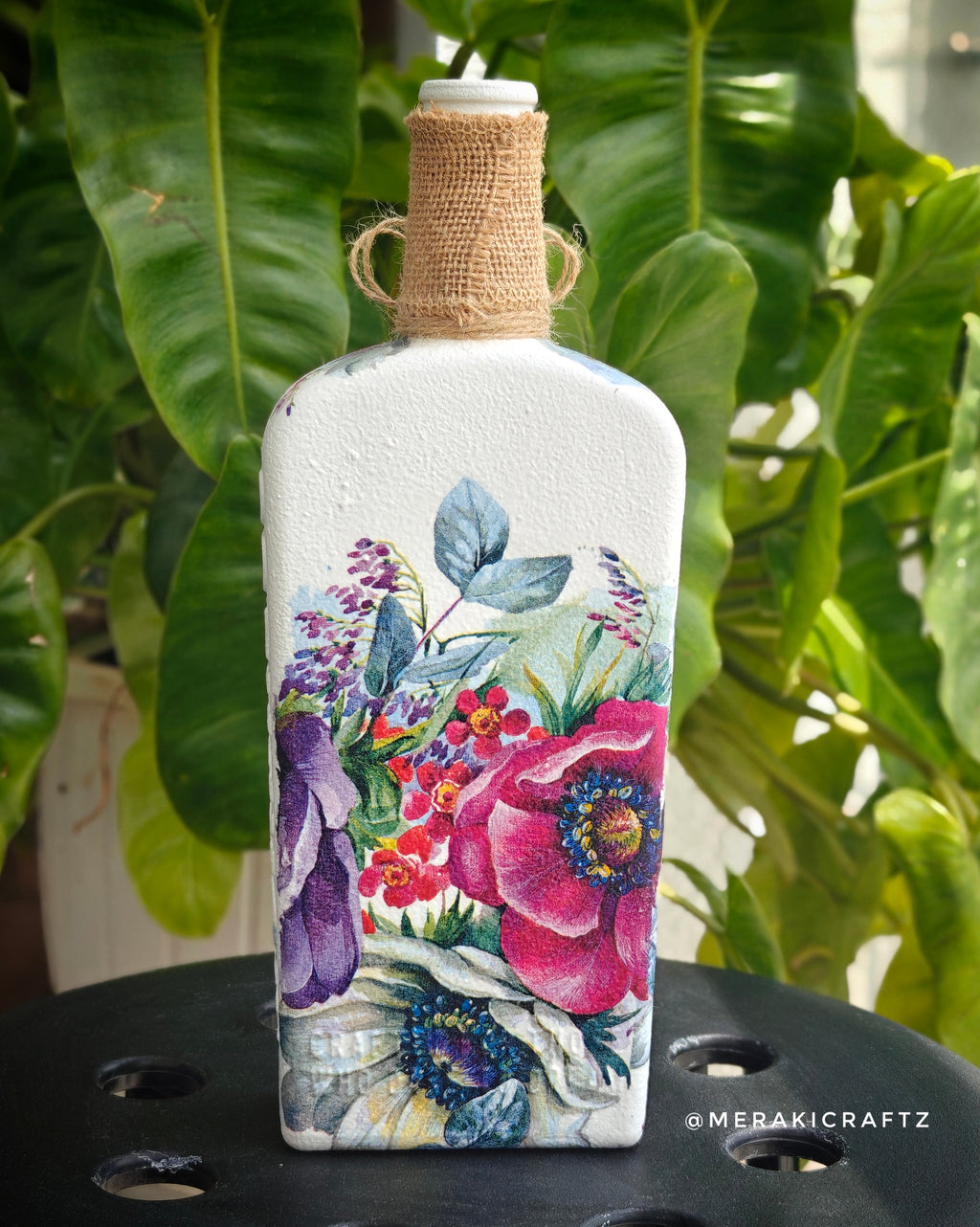 Handcrafted Upcycled Decoupaged Glass Bottle – Floral Symphony