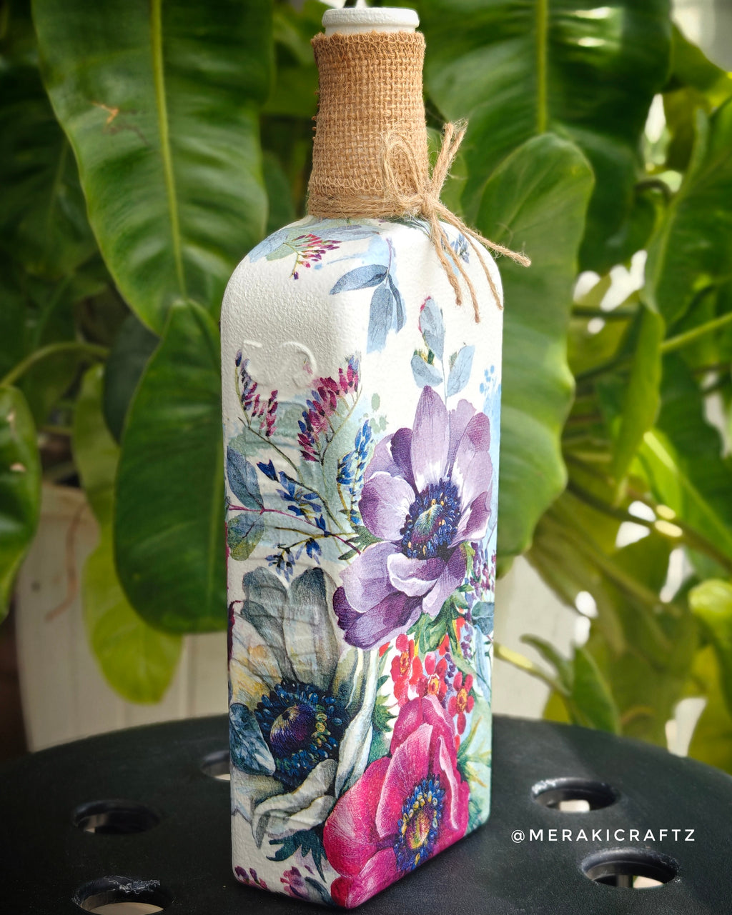 Handcrafted Upcycled Decoupaged Glass Bottle – Floral Symphony