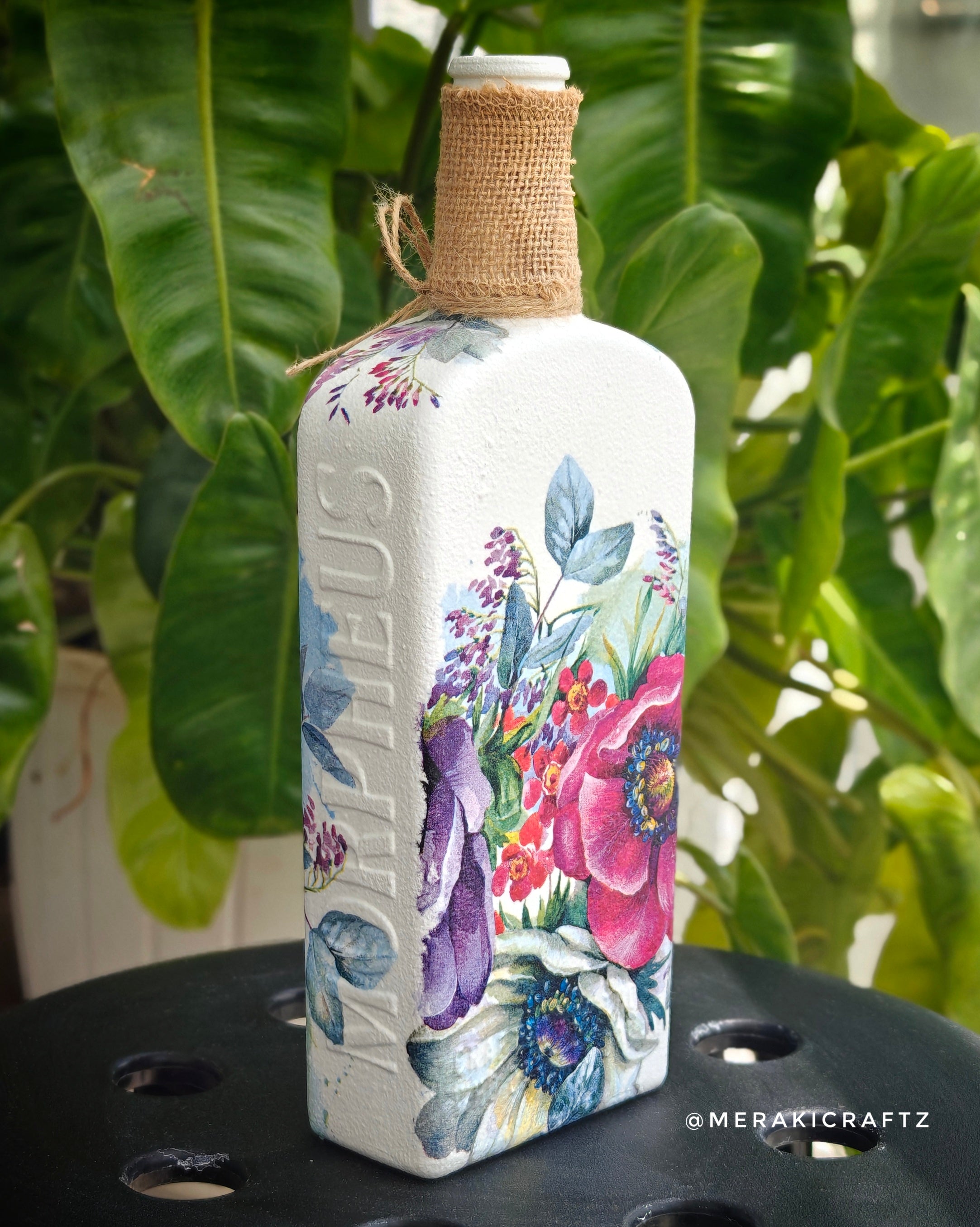 Handcrafted Upcycled Decoupaged Glass Bottle – Floral Symphony