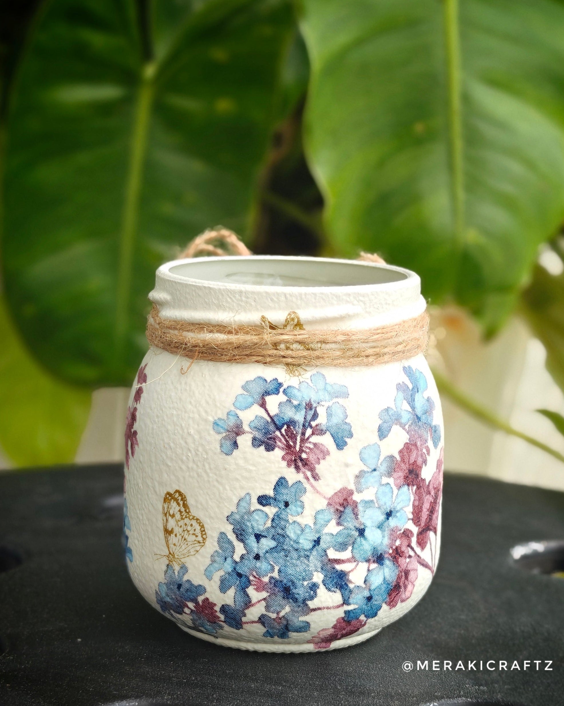 Handcrafted Upcycled Glass Jar – Blue Hydrangea Bloom