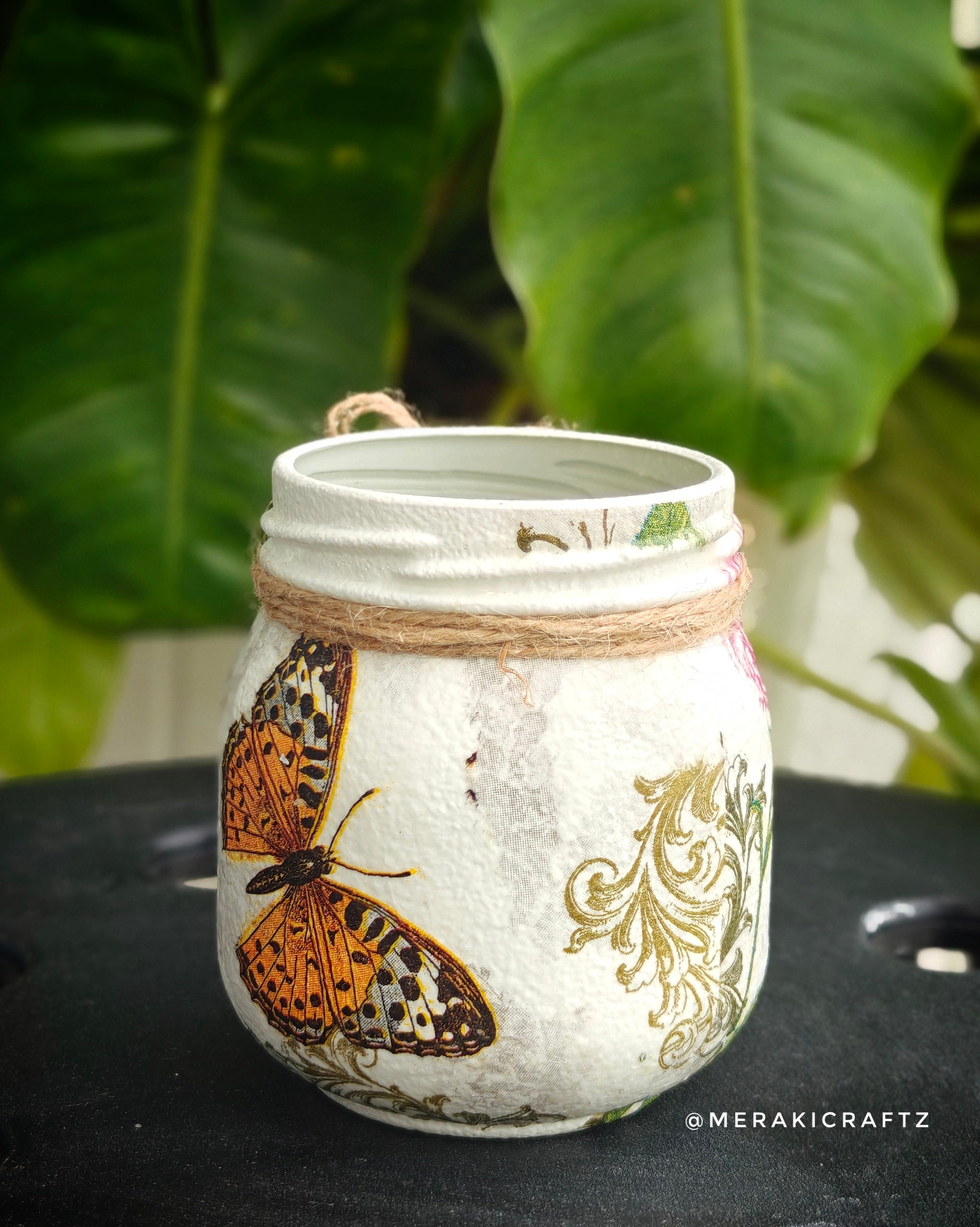 Handcrafted Upcycled Glass Jar – Vintage Butterfly Garden