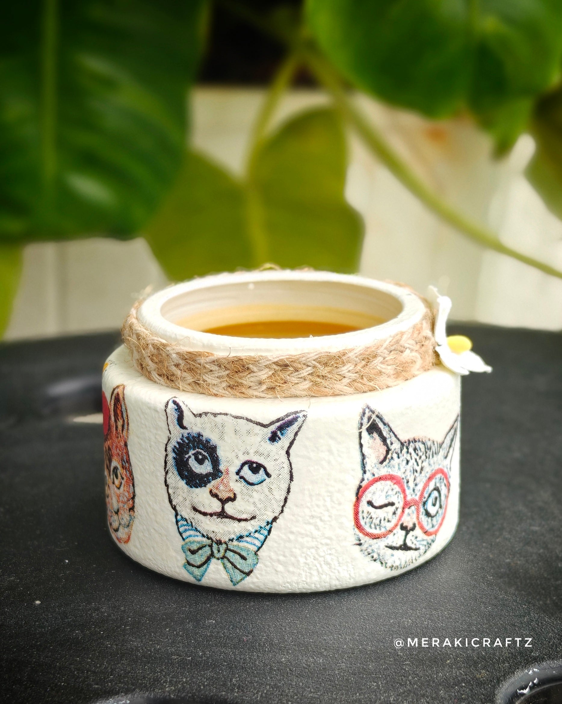 Handcrafted Upcycled Glass Jar – Whimsical Cat Charm