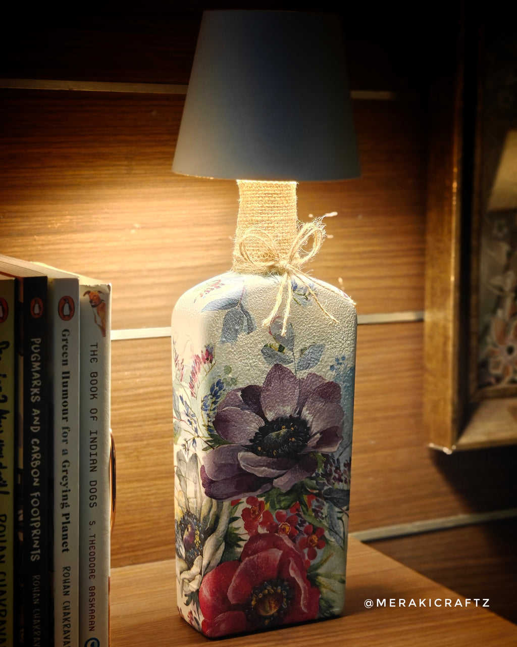 Handcrafted Upcycled Decoupaged Glass Bottle – Floral Symphony