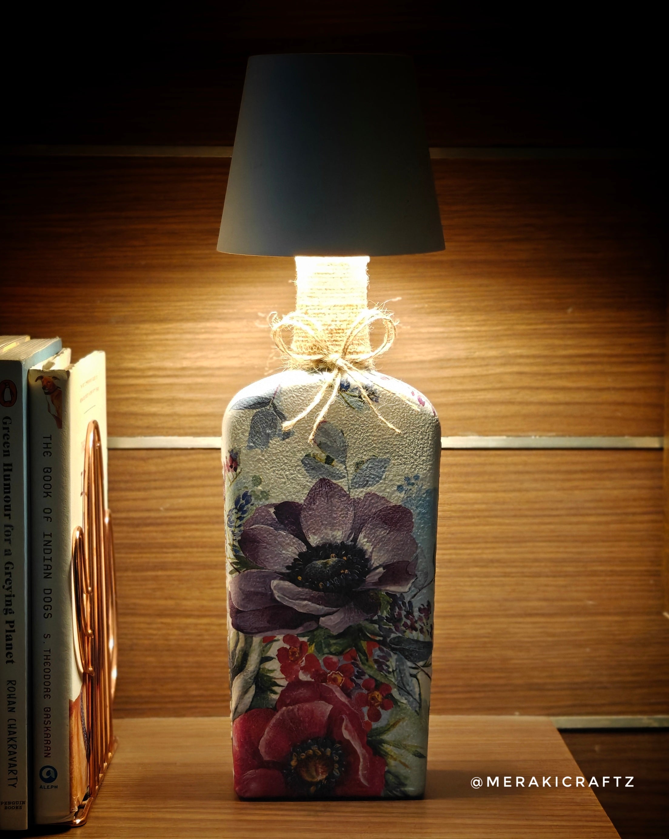 Handcrafted Upcycled Decoupaged Glass Bottle / Table Lamp – Floral Symphony
