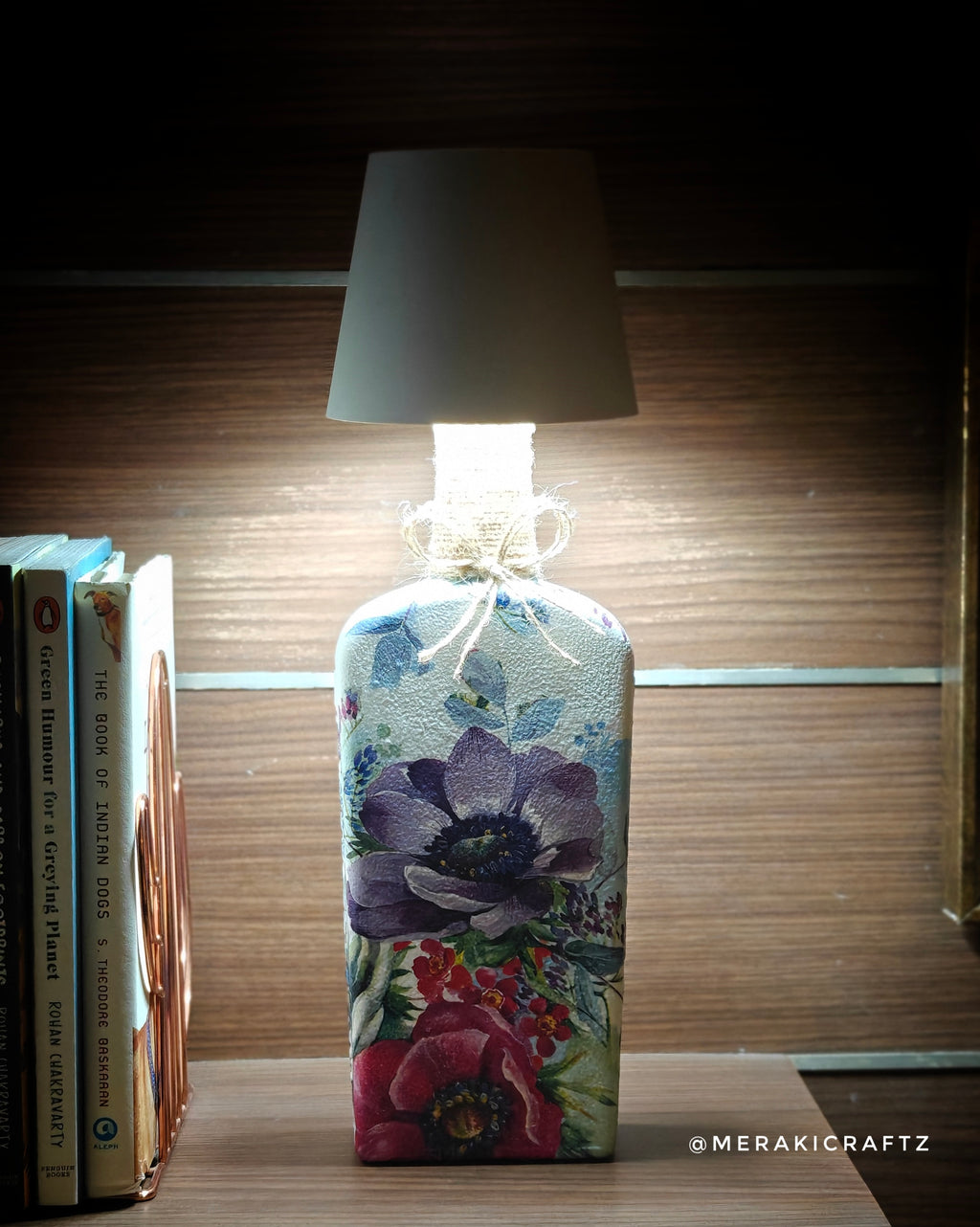 Handcrafted Upcycled Decoupaged Glass Bottle / Table Lamp – Floral Symphony