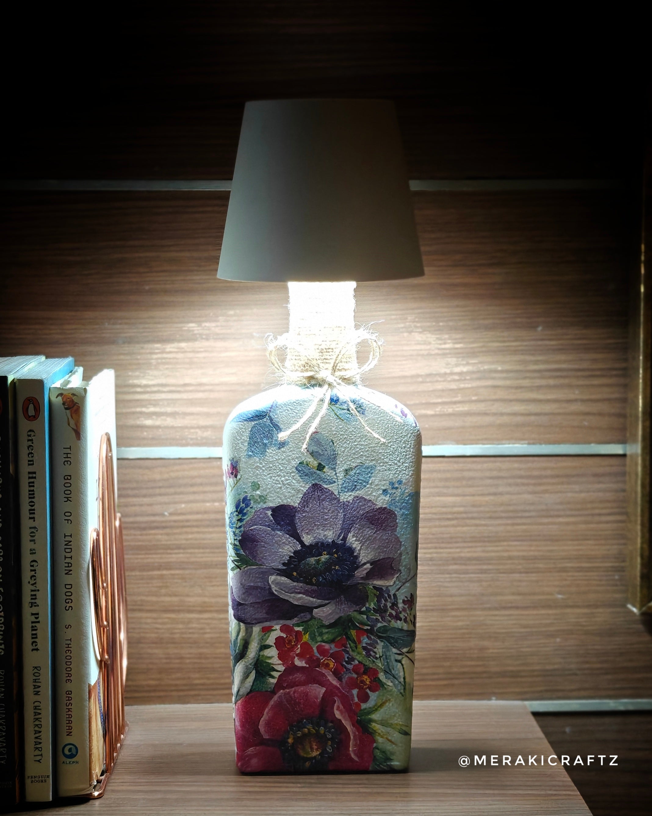 Handcrafted Upcycled Decoupaged Glass Bottle / Table Lamp – Floral Symphony