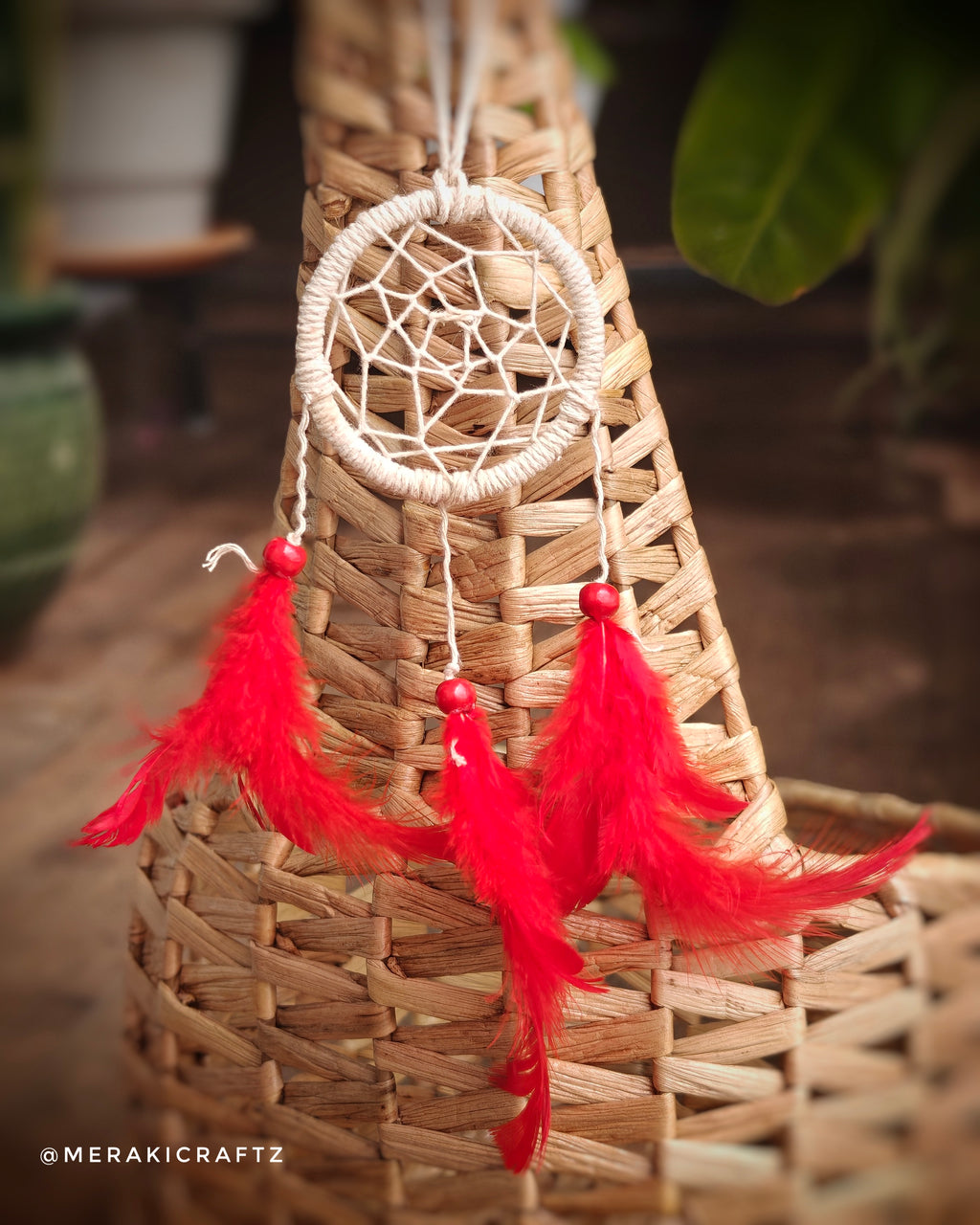 Handcrafted Upcycled Macramé Dreamcatcher – Bohemian Feather Charm (Red)
