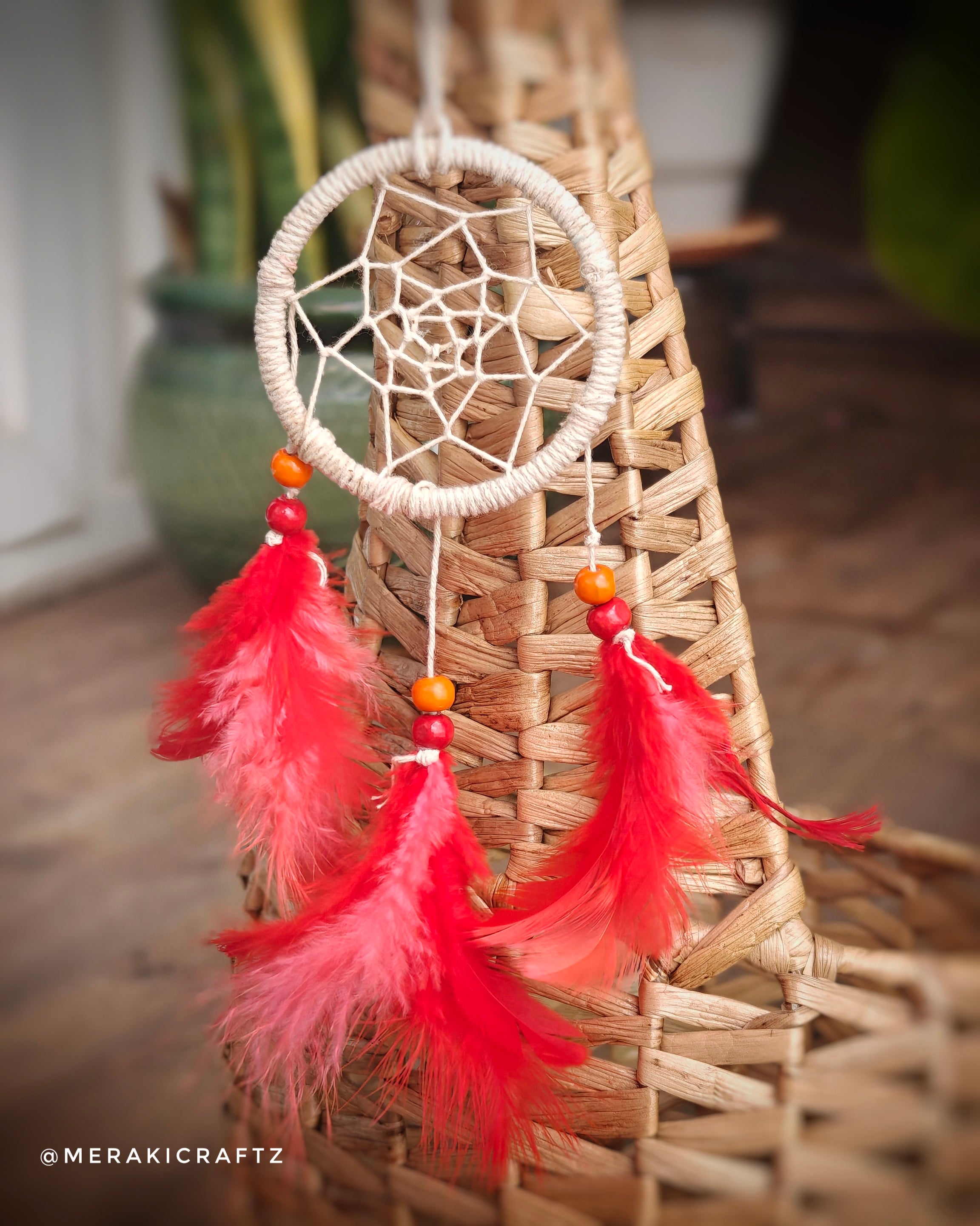 Handcrafted Upcycled Macramé Dreamcatcher – Bohemian Feather Charm (Red)