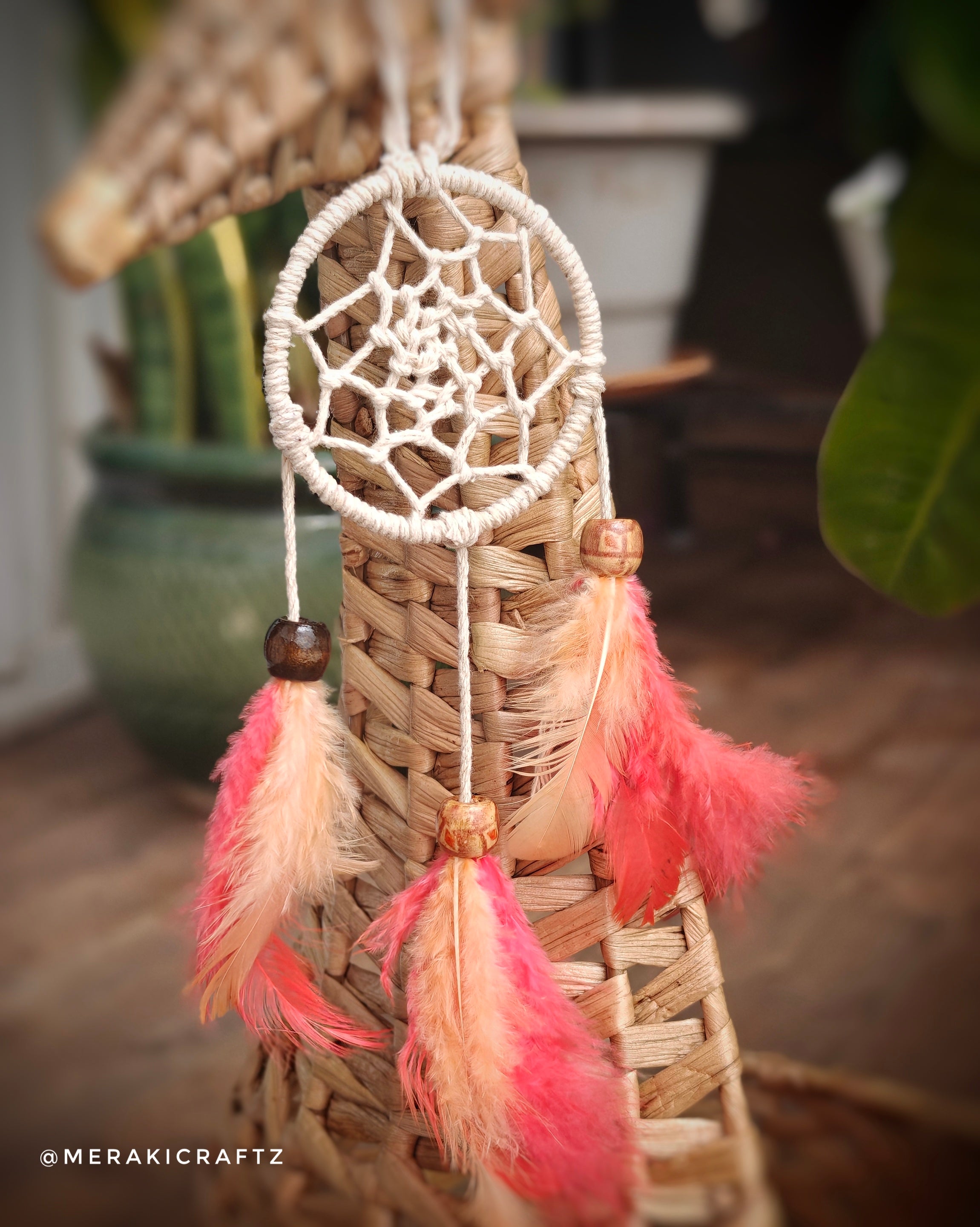 Handcrafted Upcycled Macramé Dreamcatcher – Bohemian Feather Charm (Red)
