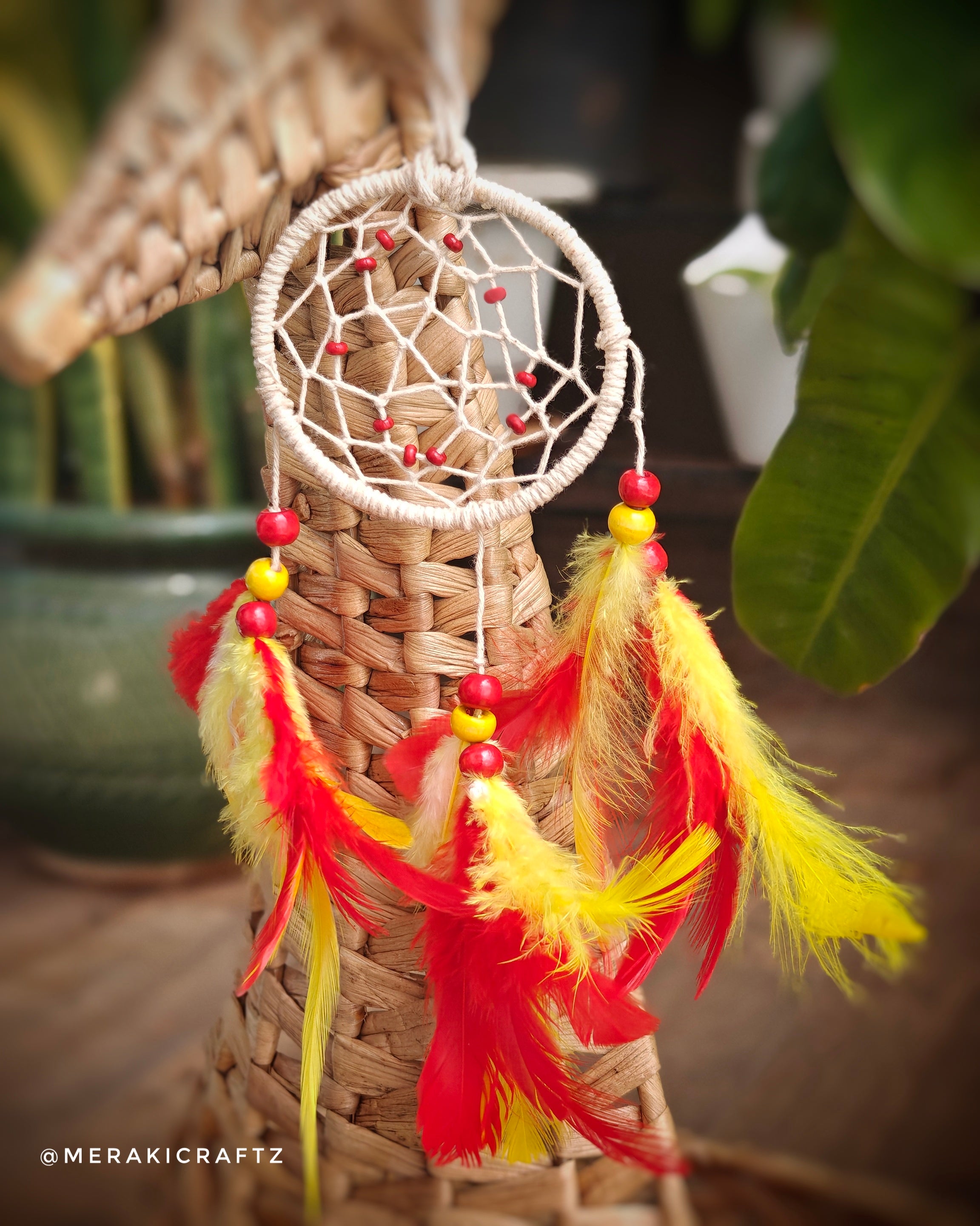 Handcrafted Upcycled Macramé Dreamcatcher – Bohemian Feather Charm (Red)