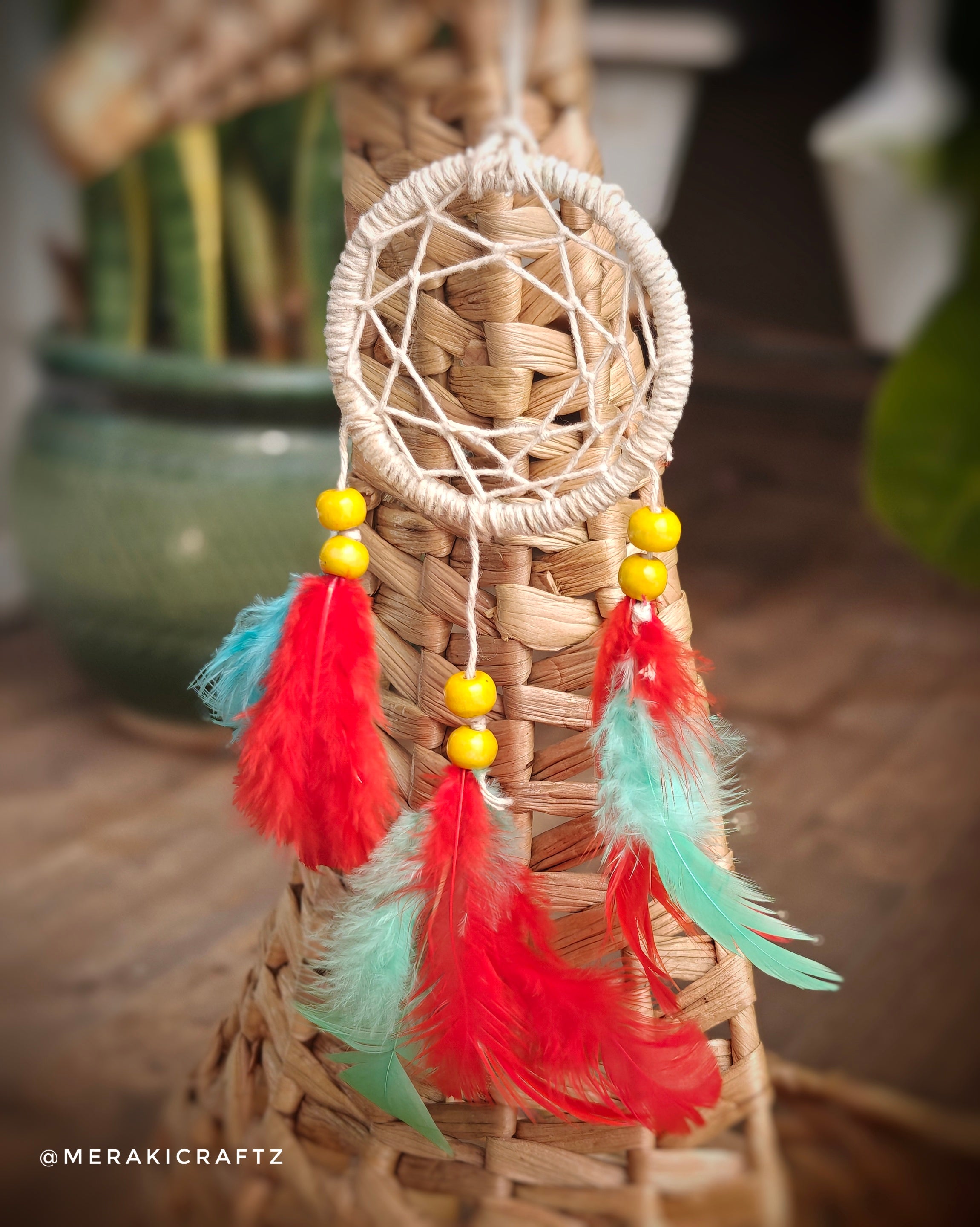 Handcrafted Upcycled Macramé Dreamcatcher – Bohemian Feather Charm (Red)