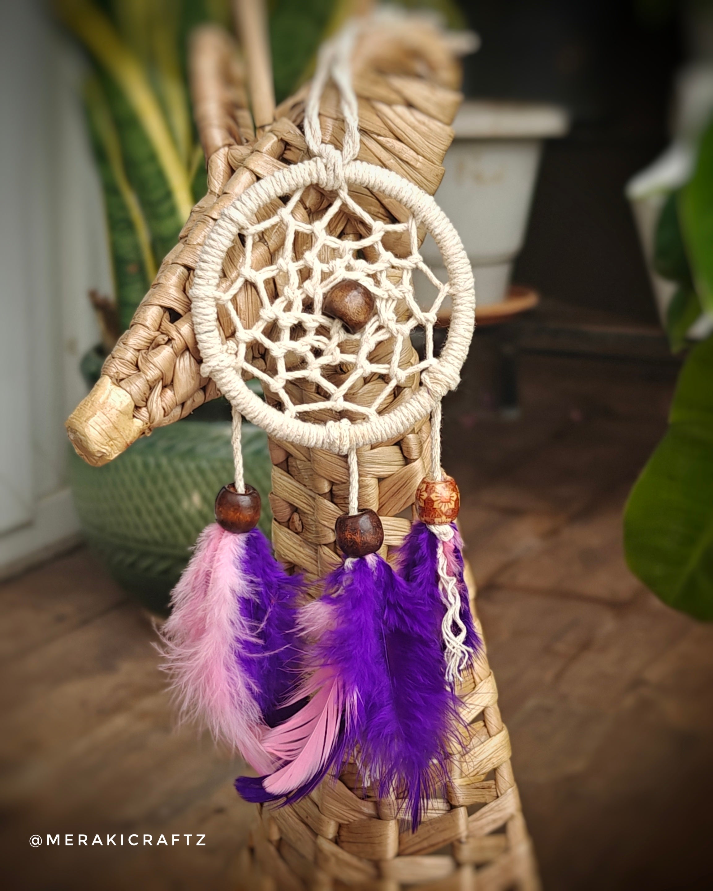 Handcrafted Upcycled Macramé Dreamcatcher – Bohemian Feather Charm (Purple Hues)