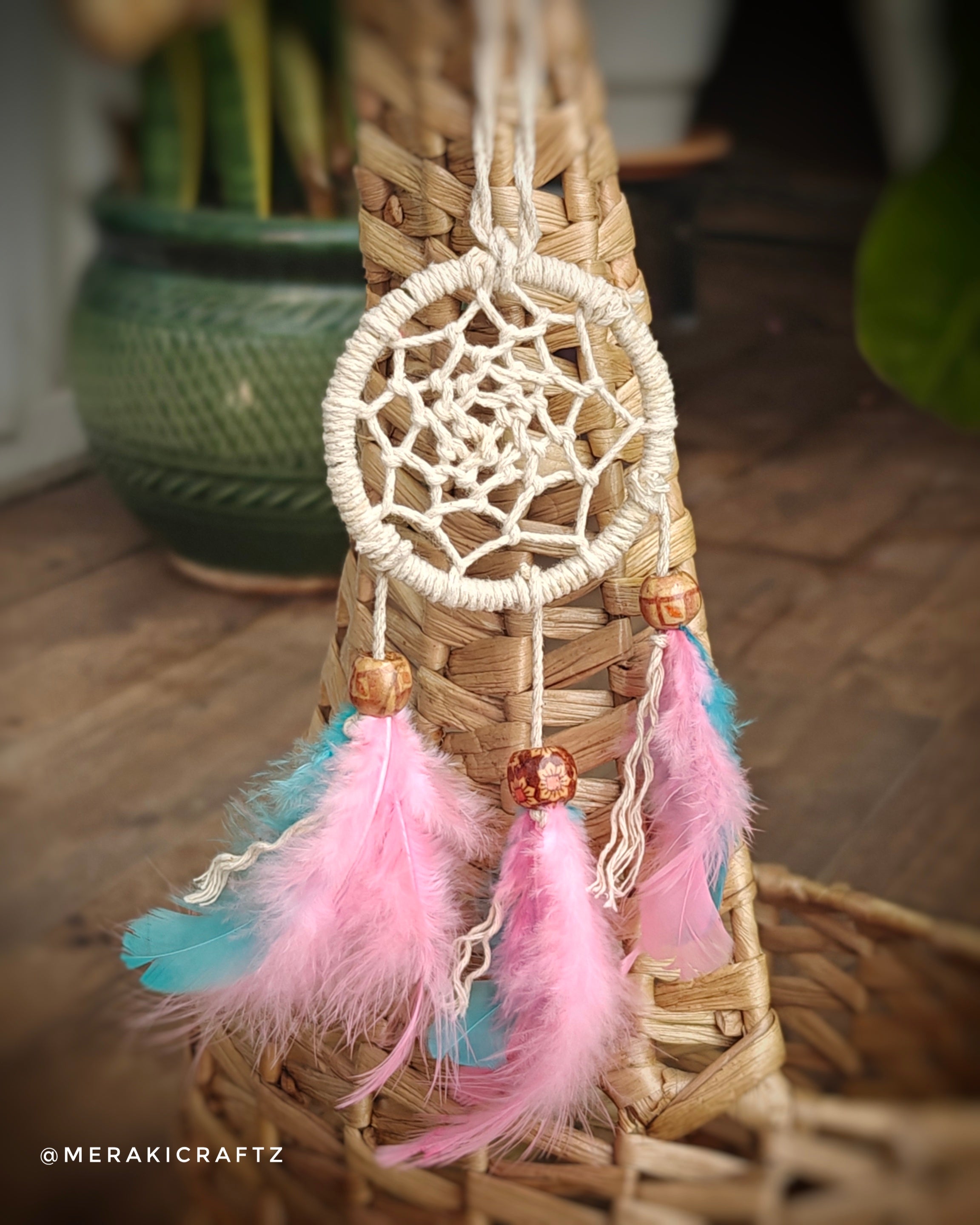 Handcrafted Upcycled Macramé Dreamcatcher – Bohemian Feather Charm (Purple Hues)